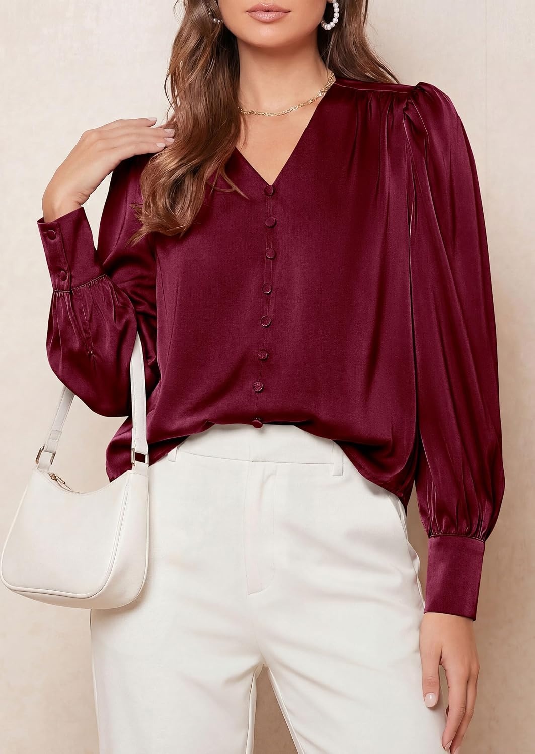 image:imagePRETTYGARDEN Satin Long Sleeve Womens Blouses Dressy Casual Glossy Smooth Silk FabricLantern Sleeve Fall TopsDecorative Button PulloverV Neck ShirtsOffice Work Business OutfitsWine Red