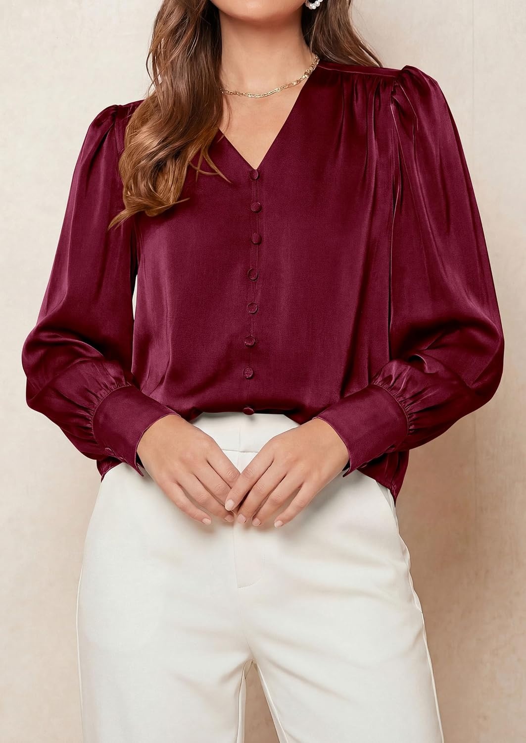 image:imagePRETTYGARDEN Satin Long Sleeve Womens Blouses Dressy Casual Glossy Smooth Silk FabricLantern Sleeve Fall TopsDecorative Button PulloverV Neck ShirtsOffice Work Business OutfitsWine Red