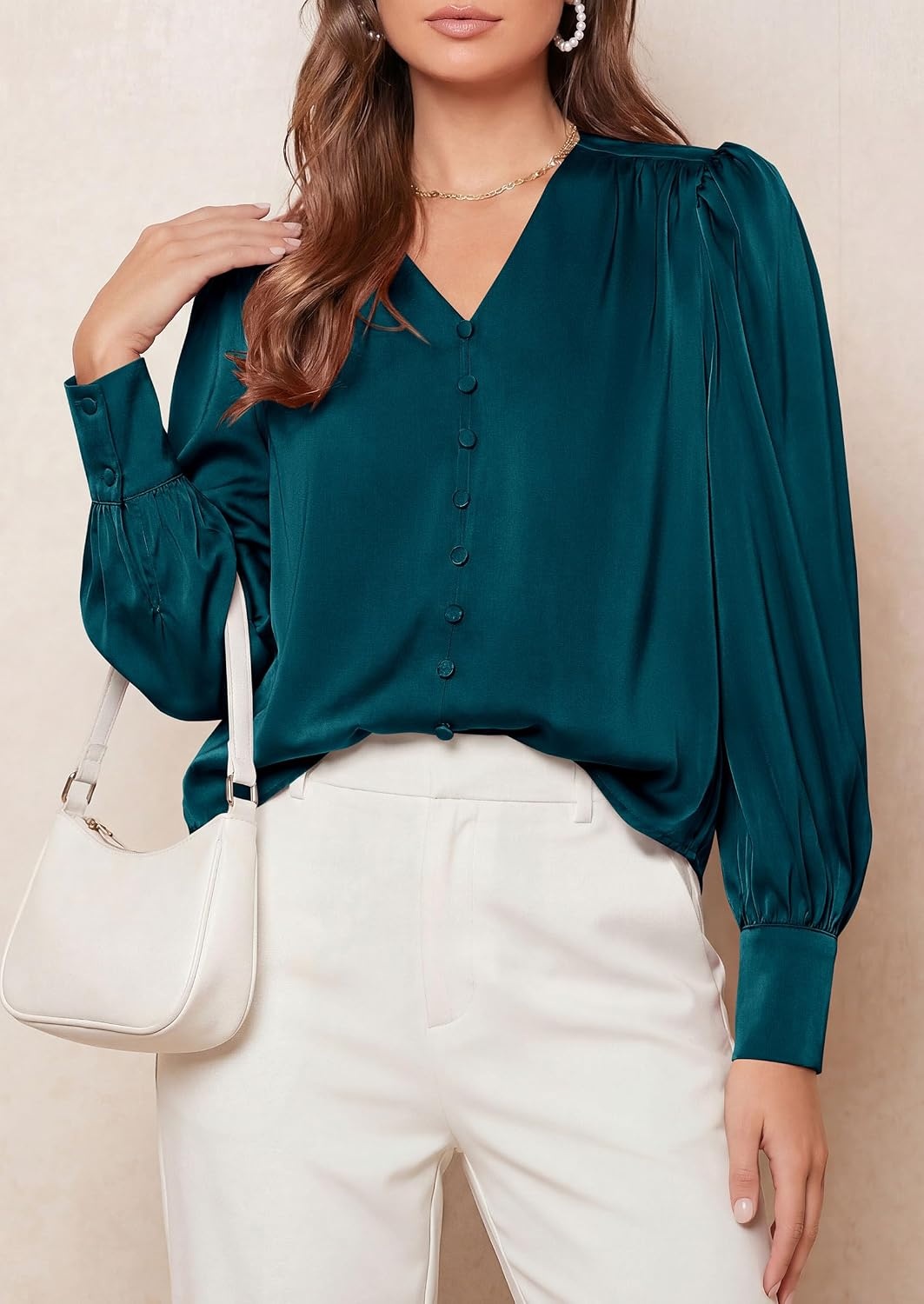 image:imagePRETTYGARDEN Satin Long Sleeve Womens Blouses Dressy Casual Glossy Smooth Silk FabricLantern Sleeve Fall TopsDecorative Button PulloverV Neck ShirtsOffice Work Business OutfitsDark Cyan