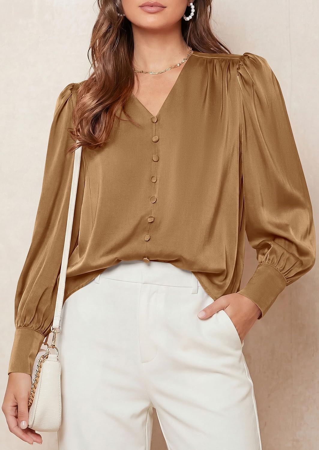 image:imagePRETTYGARDEN Satin Long Sleeve Womens Blouses Dressy Casual Glossy Smooth Silk FabricLantern Sleeve Fall TopsDecorative Button PulloverV Neck ShirtsOffice Work Business OutfitsKhaki