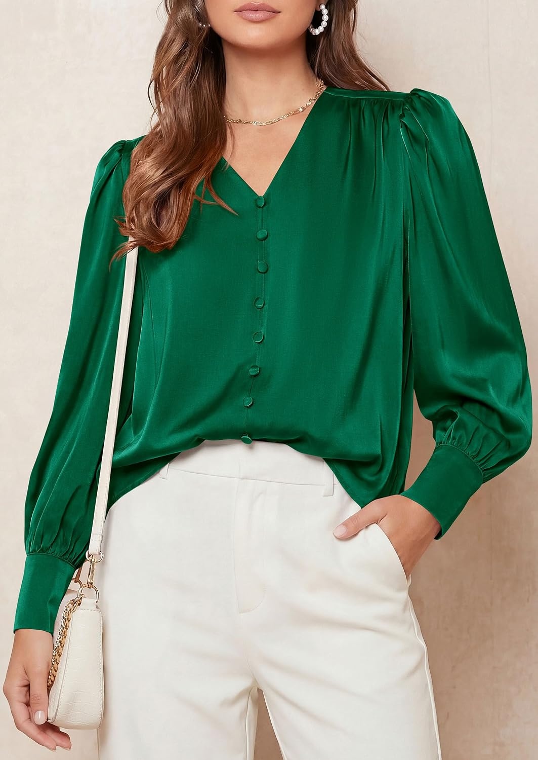 image:imagePRETTYGARDEN Satin Long Sleeve Womens Blouses Dressy Casual Glossy Smooth Silk FabricLantern Sleeve Fall TopsDecorative Button PulloverV Neck ShirtsOffice Work Business OutfitsGreen