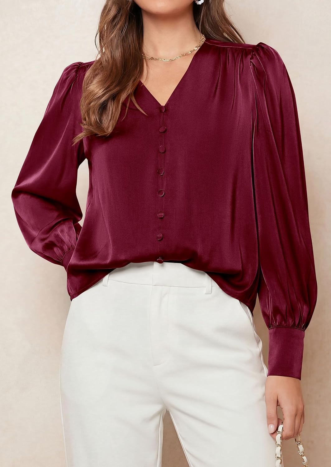 image:imagePRETTYGARDEN Satin Long Sleeve Womens Blouses Dressy Casual Glossy Smooth Silk FabricLantern Sleeve Fall TopsDecorative Button PulloverV Neck ShirtsOffice Work Business OutfitsWine Red
