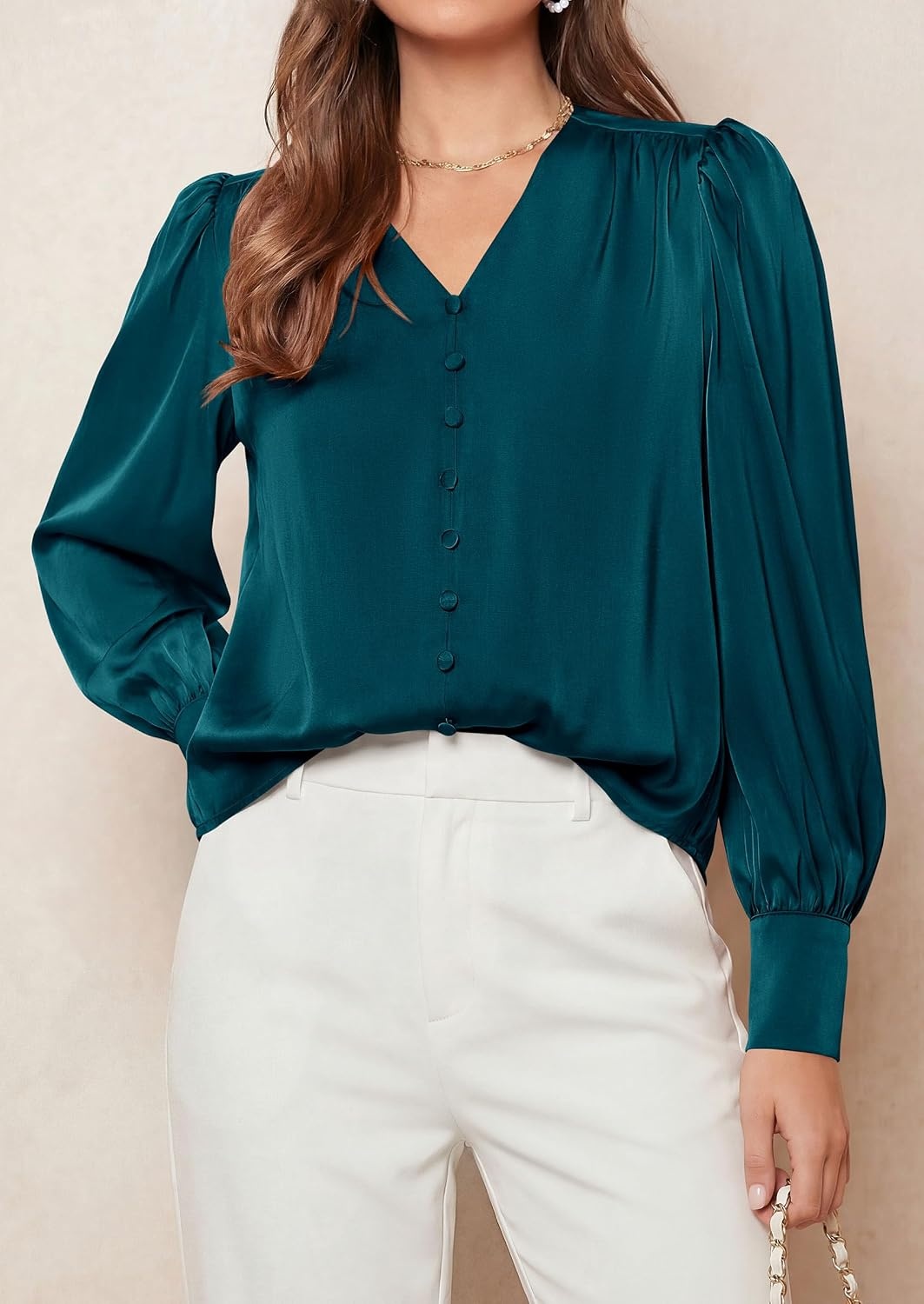 image:imagePRETTYGARDEN Satin Long Sleeve Womens Blouses Dressy Casual Glossy Smooth Silk FabricLantern Sleeve Fall TopsDecorative Button PulloverV Neck ShirtsOffice Work Business OutfitsDark Cyan