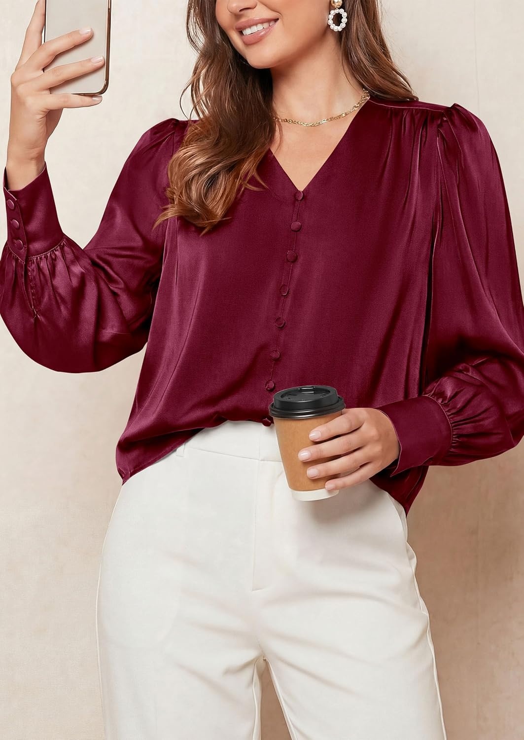 image:imagePRETTYGARDEN Satin Long Sleeve Womens Blouses Dressy Casual Glossy Smooth Silk FabricLantern Sleeve Fall TopsDecorative Button PulloverV Neck ShirtsOffice Work Business OutfitsWine Red