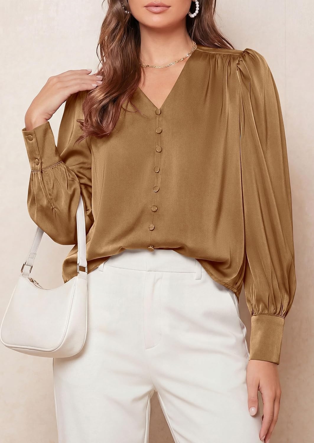 image:imagePRETTYGARDEN Satin Long Sleeve Womens Blouses Dressy Casual Glossy Smooth Silk FabricLantern Sleeve Fall TopsDecorative Button PulloverV Neck ShirtsOffice Work Business OutfitsKhaki