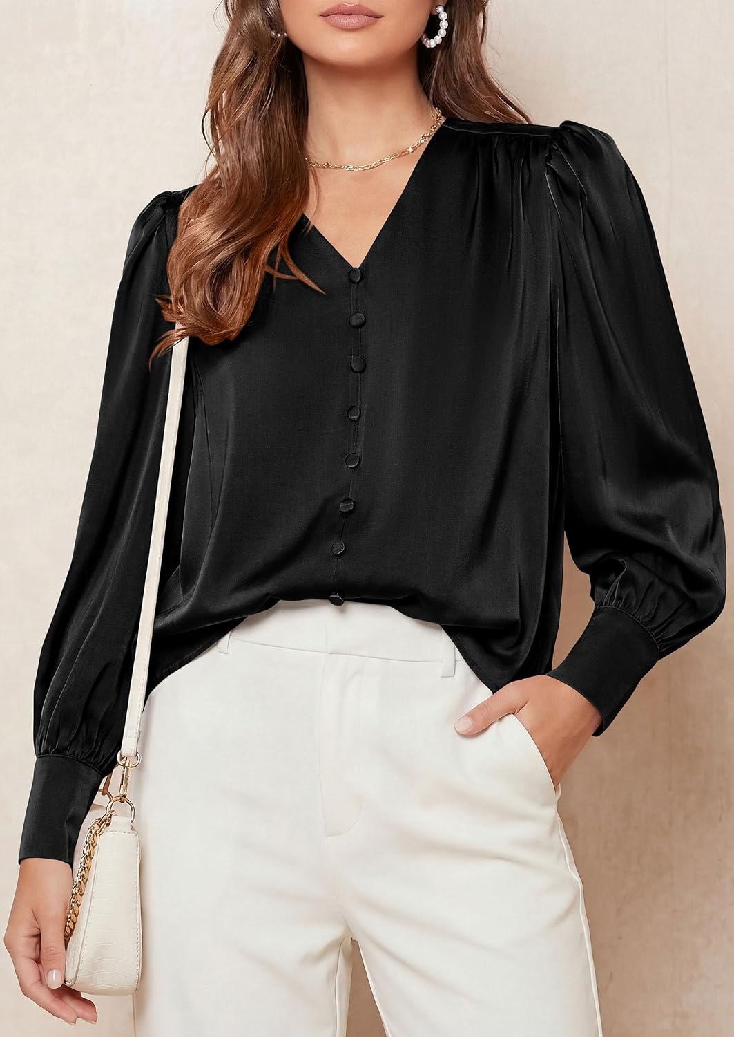 image:imagePRETTYGARDEN Satin Long Sleeve Womens Blouses Dressy Casual Glossy Smooth Silk FabricLantern Sleeve Fall TopsDecorative Button PulloverV Neck ShirtsOffice Work Business OutfitsBlack