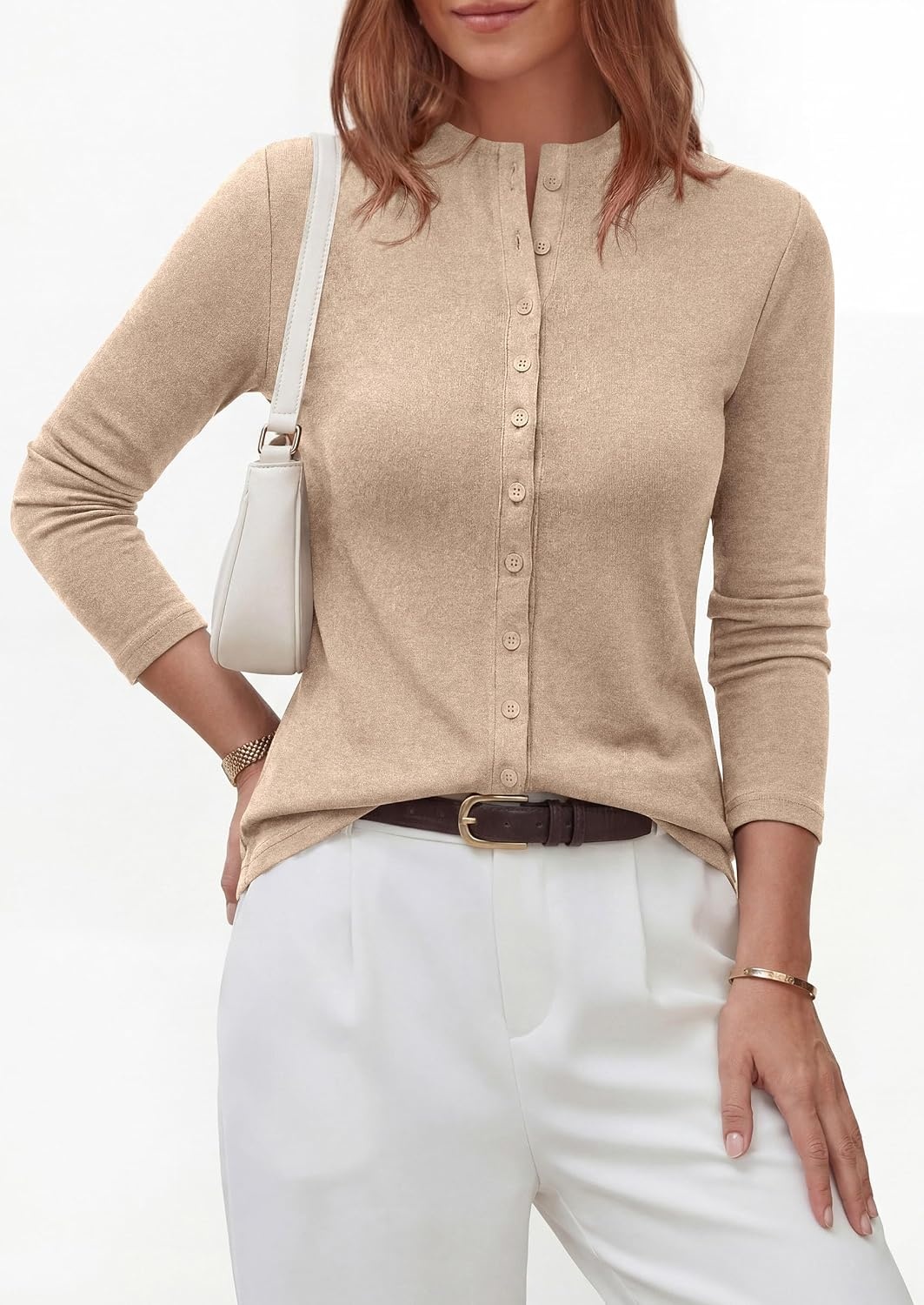 image:imagePRETTYGARDEN Womens Fall Lightweight Knit Cardigan Sweater Button Down Long Sleeve Crew NeckSoft Ribbed Knit Slim FitBusiness Casual Going Out Travel OutfitsFashion Clothing 2026Apricot