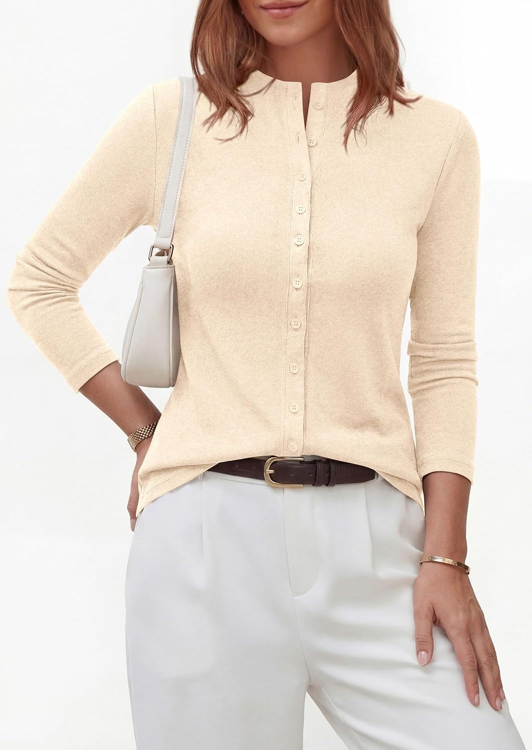 image:imagePRETTYGARDEN Womens Fall Lightweight Knit Cardigan Sweater Button Down Long Sleeve Crew NeckSoft Ribbed Knit Slim FitBusiness Casual Going Out Travel OutfitsFashion Clothing 2026Beige