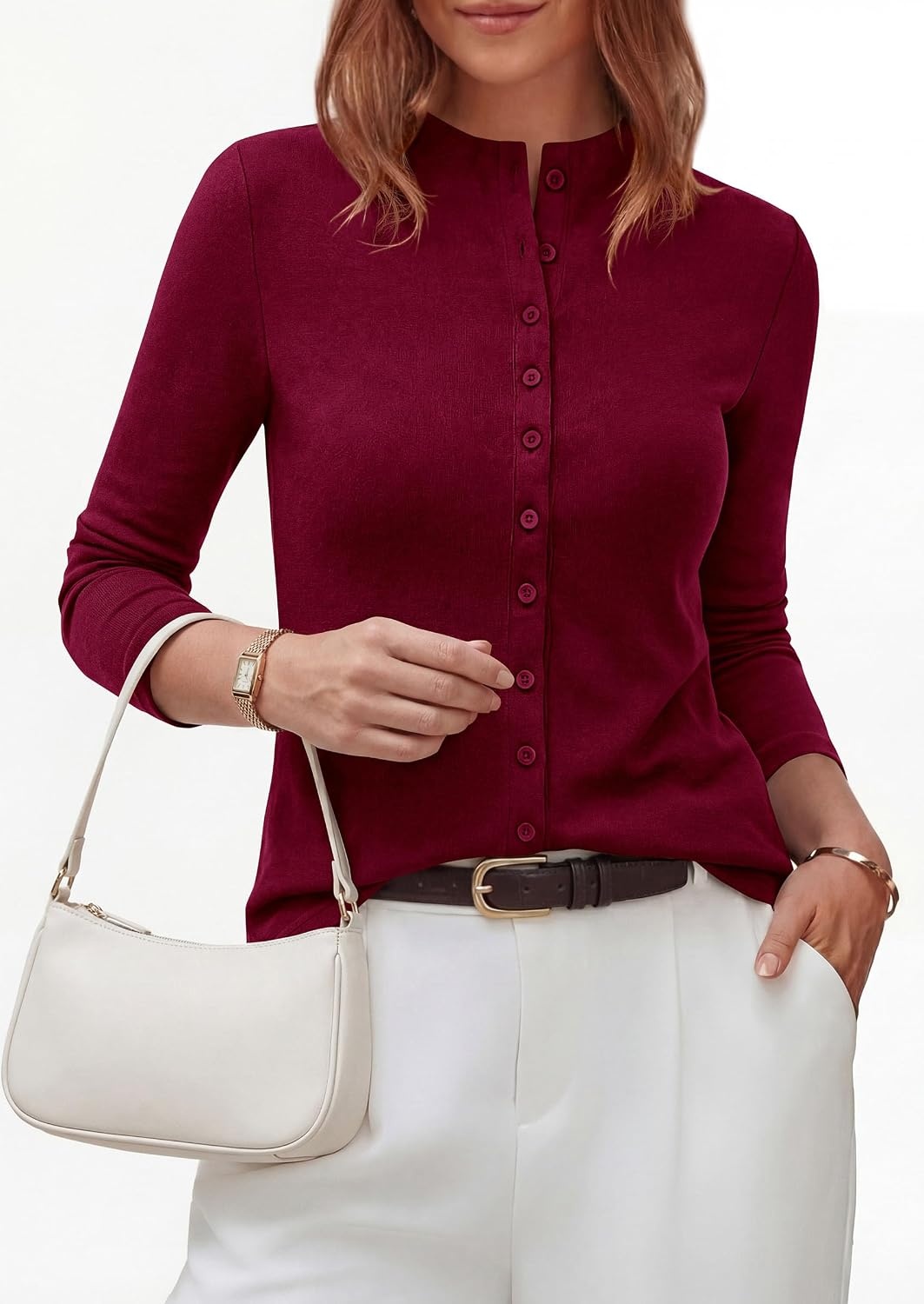 image:imagePRETTYGARDEN Womens Fall Lightweight Knit Cardigan Sweater Button Down Long Sleeve Crew NeckSoft Ribbed Knit Slim FitBusiness Casual Going Out Travel OutfitsFashion Clothing 2026Win Red