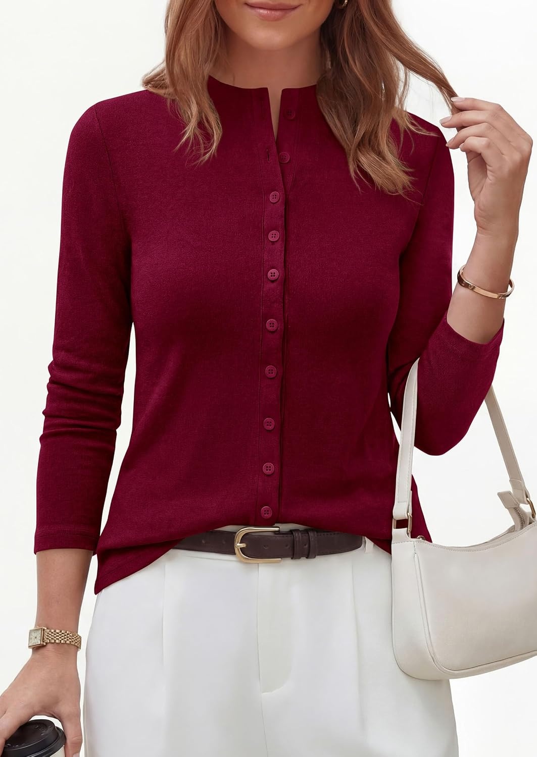 image:imagePRETTYGARDEN Womens Fall Lightweight Knit Cardigan Sweater Button Down Long Sleeve Crew NeckSoft Ribbed Knit Slim FitBusiness Casual Going Out Travel OutfitsFashion Clothing 2026Win Red