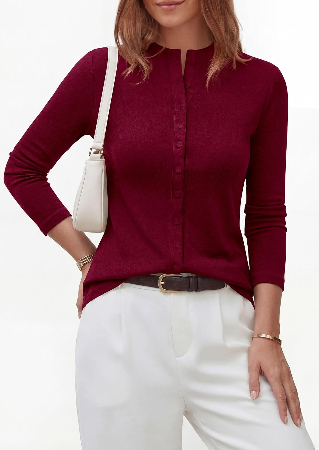 image:imagePRETTYGARDEN Womens Fall Lightweight Knit Cardigan Sweater Button Down Long Sleeve Crew NeckSoft Ribbed Knit Slim FitBusiness Casual Going Out Travel OutfitsFashion Clothing 2026Win Red