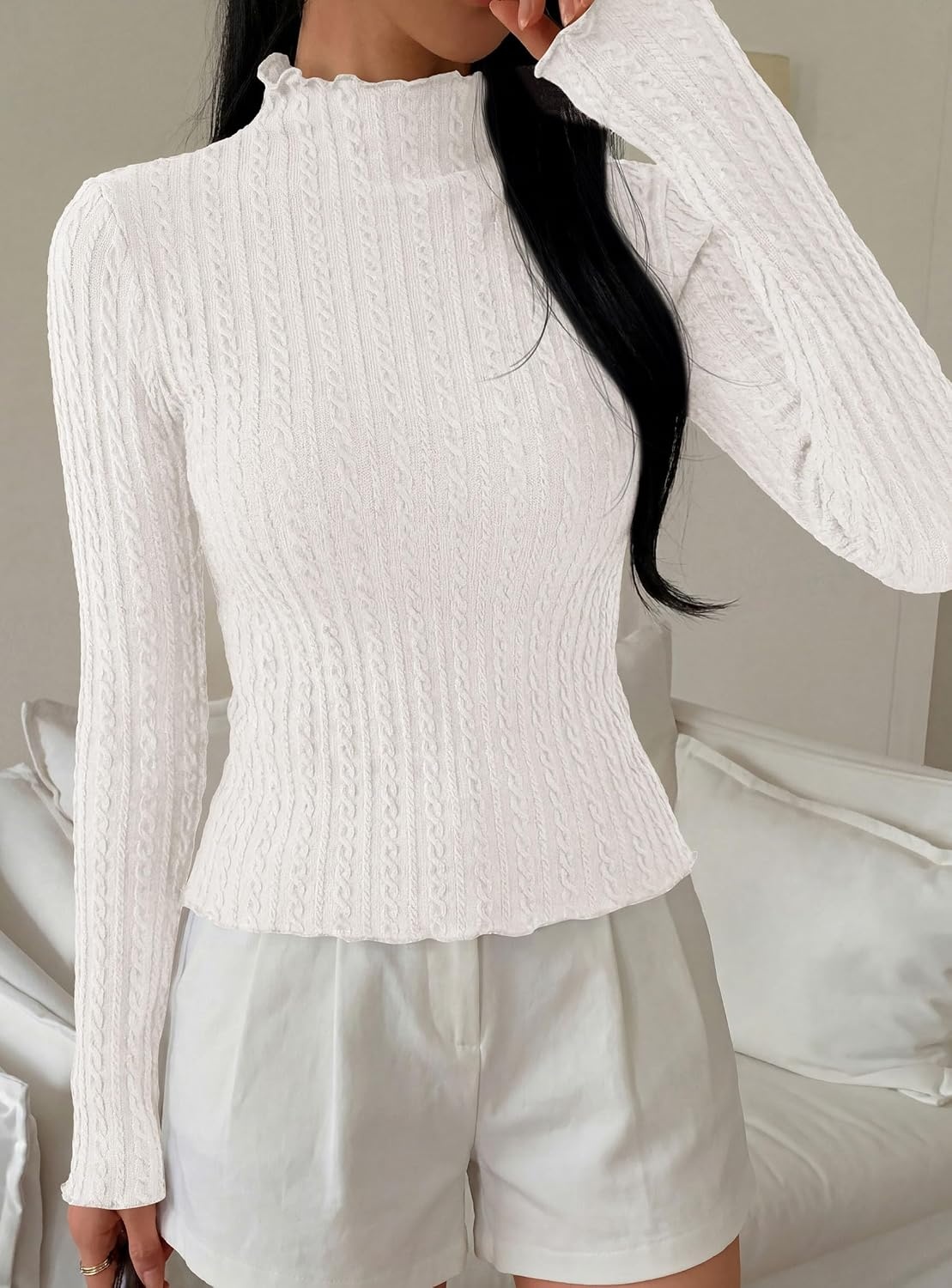 image:imagePRETTYGARDEN Womens Fall Long Sleeve Fitted Shirts Comfy Stretchy Cable Knit Trendy Lettuce Trim Mock Neck Casual Basic Tees Cute Layering Tops 2026 Fashion ClothingWhite