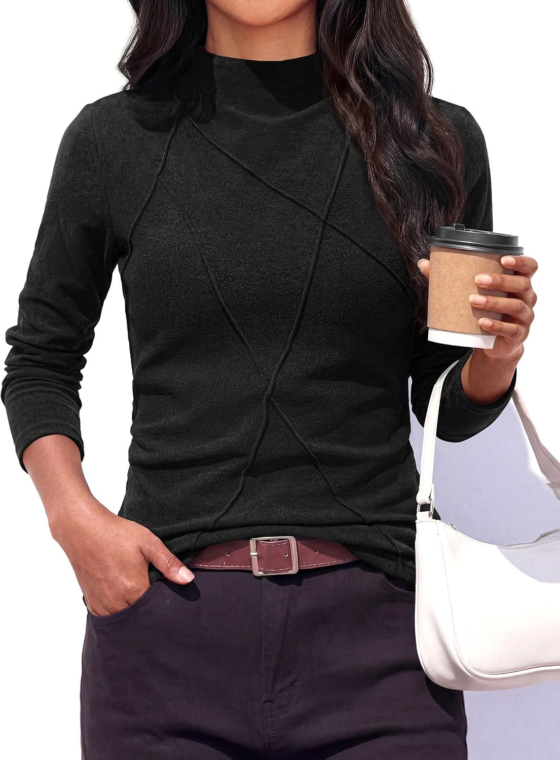 image:imagePRETTYGARDEN Womens Fall Mock Neck Long Sleeve Shirts Soft Stretchy KnitGeometric Seam StitchingSlim Fitted Basic TeesThermal Casual WearDaily Work Layering Winter Tunic TopBlack