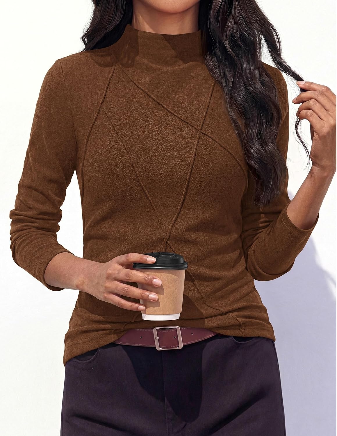image:imagePRETTYGARDEN Womens Fall Mock Neck Long Sleeve Shirts Soft Stretchy KnitGeometric Seam StitchingSlim Fitted Basic TeesThermal Casual WearDaily Work Layering Winter Tunic TopBrown