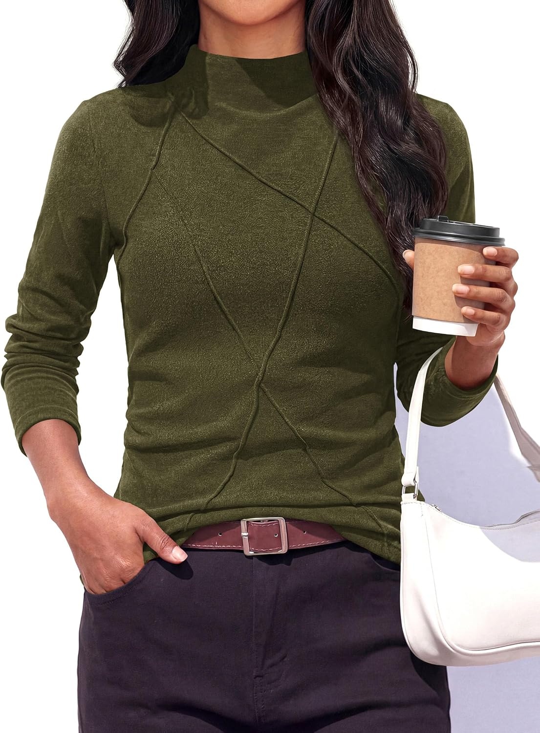 image:imagePRETTYGARDEN Womens Fall Mock Neck Long Sleeve Shirts Soft Stretchy KnitGeometric Seam StitchingSlim Fitted Basic TeesThermal Casual WearDaily Work Layering Winter Tunic TopArmy Green