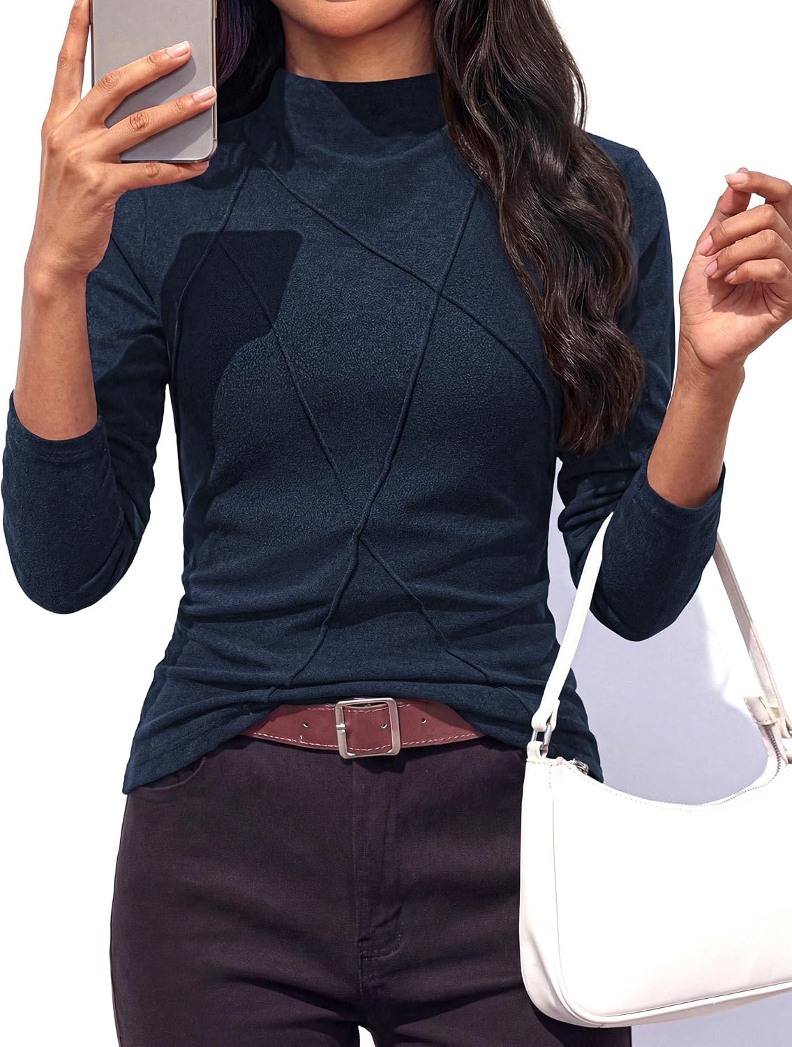 image:imagePRETTYGARDEN Womens Fall Mock Neck Long Sleeve Shirts Soft Stretchy KnitGeometric Seam StitchingSlim Fitted Basic TeesThermal Casual WearDaily Work Layering Winter Tunic TopNavy Blue