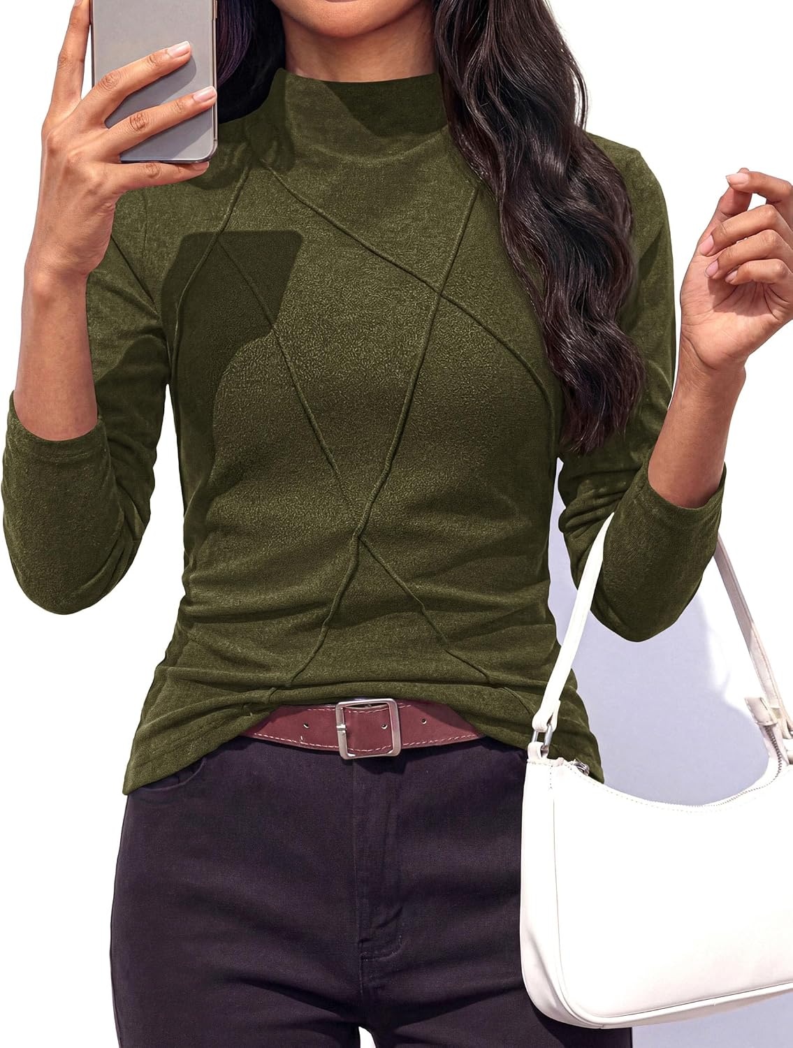 image:imagePRETTYGARDEN Womens Fall Mock Neck Long Sleeve Shirts Soft Stretchy KnitGeometric Seam StitchingSlim Fitted Basic TeesThermal Casual WearDaily Work Layering Winter Tunic TopArmy Green