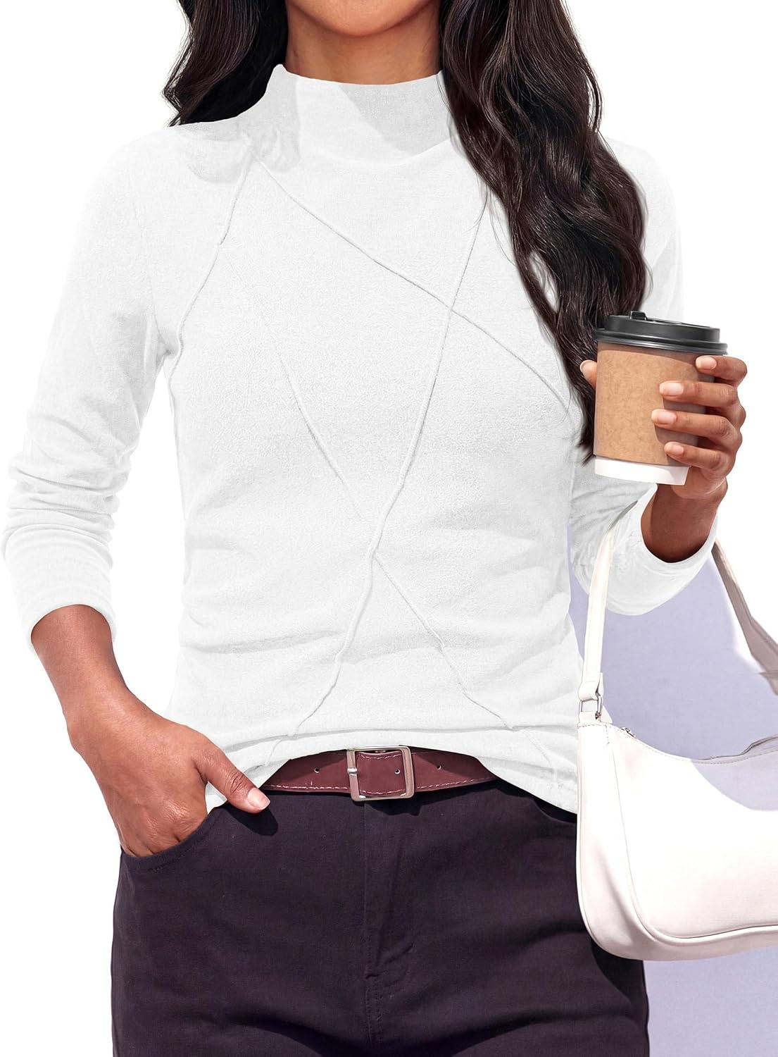image:imagePRETTYGARDEN Womens Fall Mock Neck Long Sleeve Shirts Soft Stretchy KnitGeometric Seam StitchingSlim Fitted Basic TeesThermal Casual WearDaily Work Layering Winter Tunic TopWhite