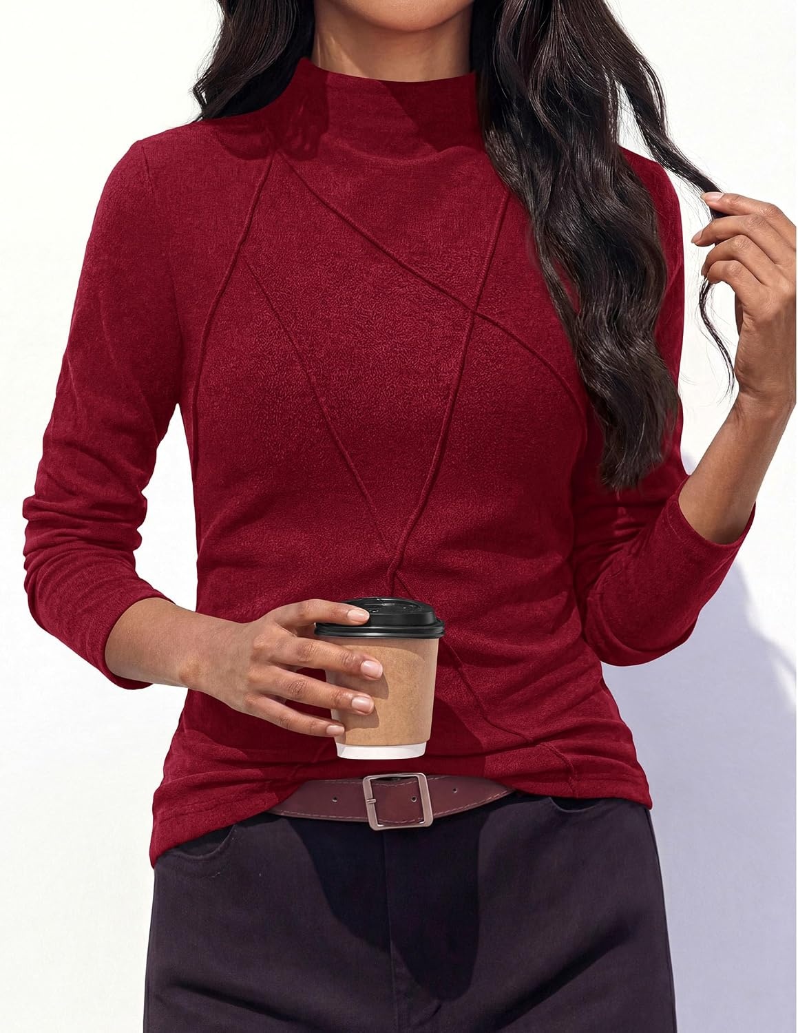 image:imagePRETTYGARDEN Womens Fall Mock Neck Long Sleeve Shirts Soft Stretchy KnitGeometric Seam StitchingSlim Fitted Basic TeesThermal Casual WearDaily Work Layering Winter Tunic TopWine Red