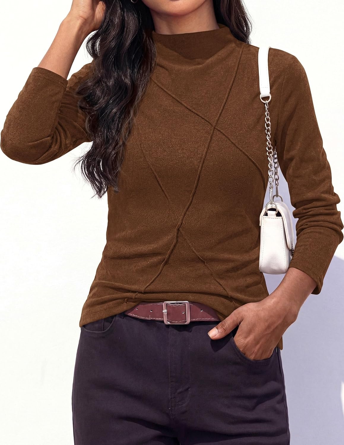 image:imagePRETTYGARDEN Womens Fall Mock Neck Long Sleeve Shirts Soft Stretchy KnitGeometric Seam StitchingSlim Fitted Basic TeesThermal Casual WearDaily Work Layering Winter Tunic TopBrown