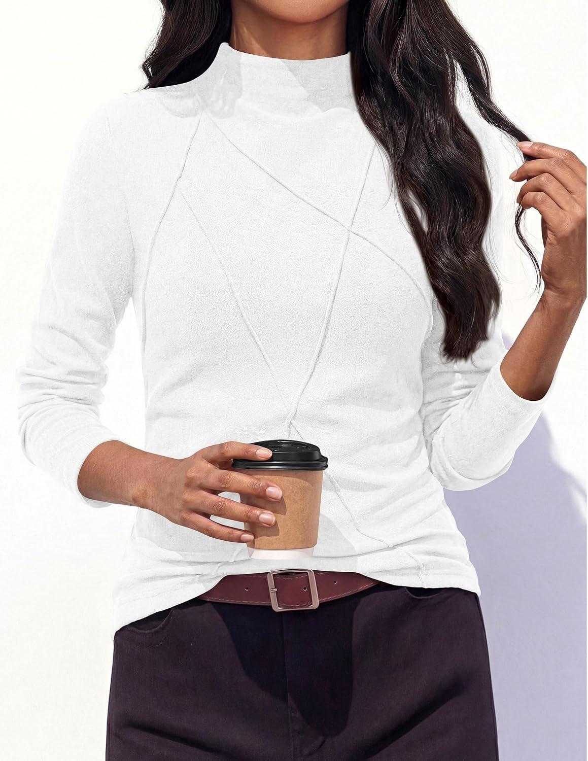 image:imagePRETTYGARDEN Womens Fall Mock Neck Long Sleeve Shirts Soft Stretchy KnitGeometric Seam StitchingSlim Fitted Basic TeesThermal Casual WearDaily Work Layering Winter Tunic TopWhite