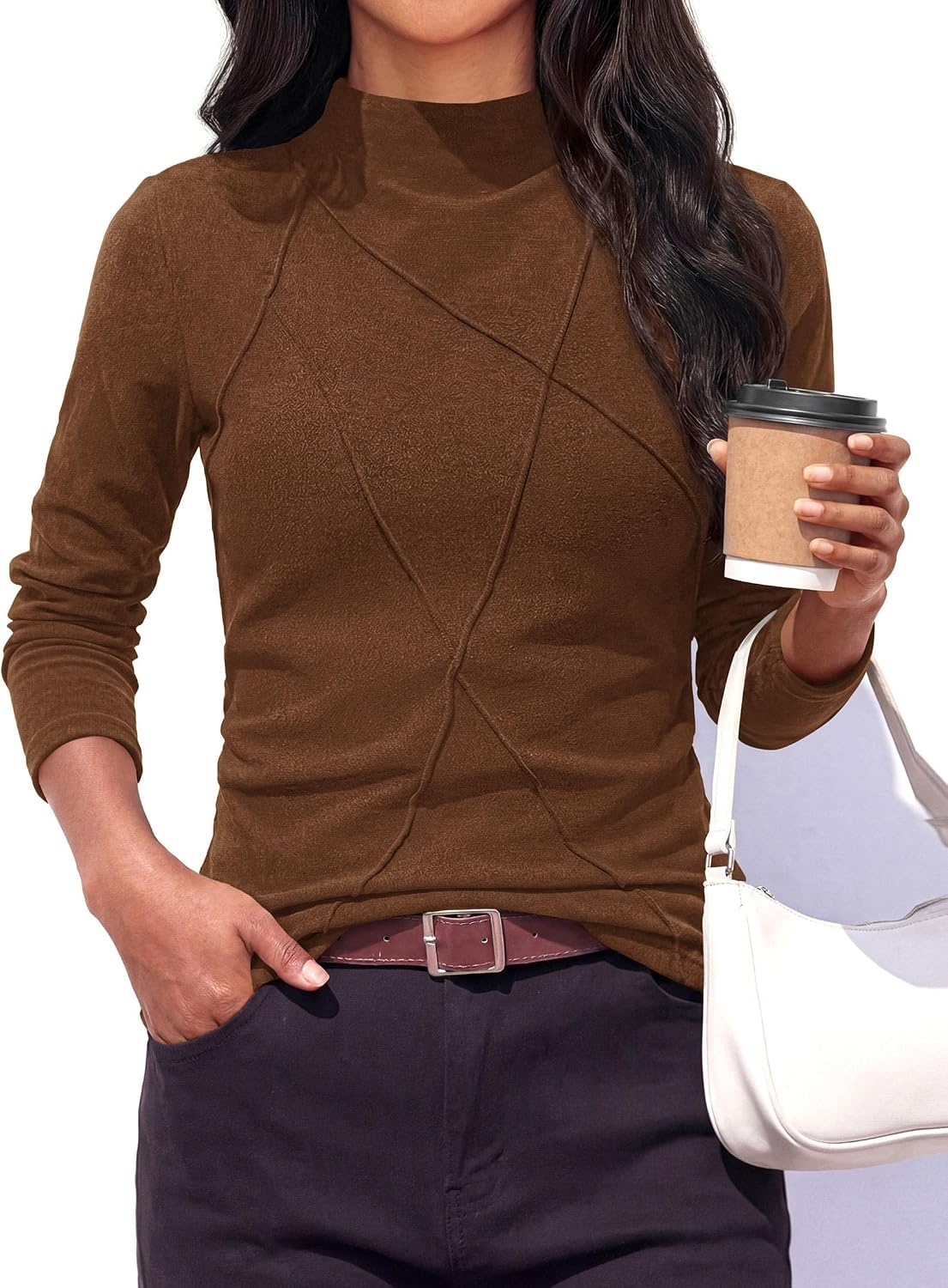 image:imagePRETTYGARDEN Womens Fall Mock Neck Long Sleeve Shirts Soft Stretchy KnitGeometric Seam StitchingSlim Fitted Basic TeesThermal Casual WearDaily Work Layering Winter Tunic TopBrown