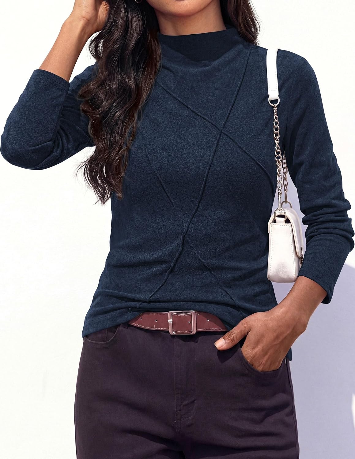 image:imagePRETTYGARDEN Womens Fall Mock Neck Long Sleeve Shirts Soft Stretchy KnitGeometric Seam StitchingSlim Fitted Basic TeesThermal Casual WearDaily Work Layering Winter Tunic TopNavy Blue