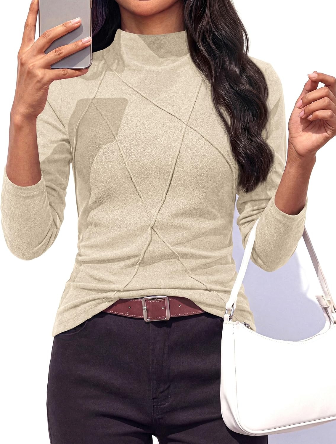 image:imagePRETTYGARDEN Womens Fall Mock Neck Long Sleeve Shirts Soft Stretchy KnitGeometric Seam StitchingSlim Fitted Basic TeesThermal Casual WearDaily Work Layering Winter Tunic TopBeige