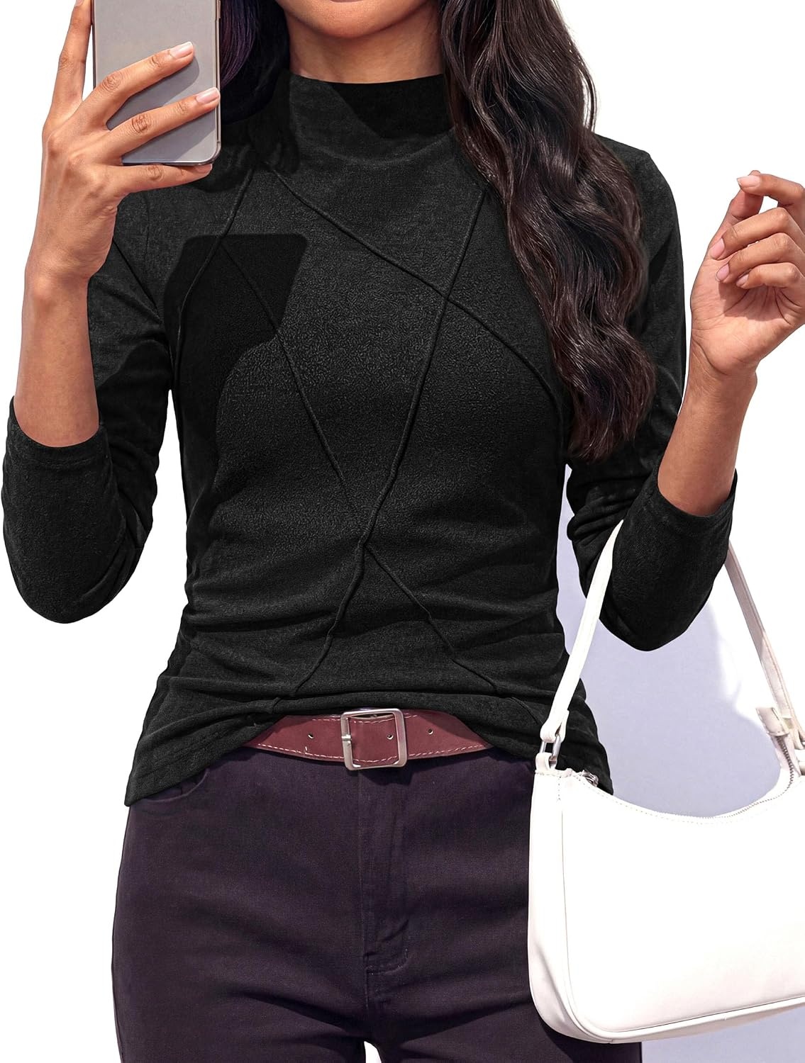 image:imagePRETTYGARDEN Womens Fall Mock Neck Long Sleeve Shirts Soft Stretchy KnitGeometric Seam StitchingSlim Fitted Basic TeesThermal Casual WearDaily Work Layering Winter Tunic TopBlack