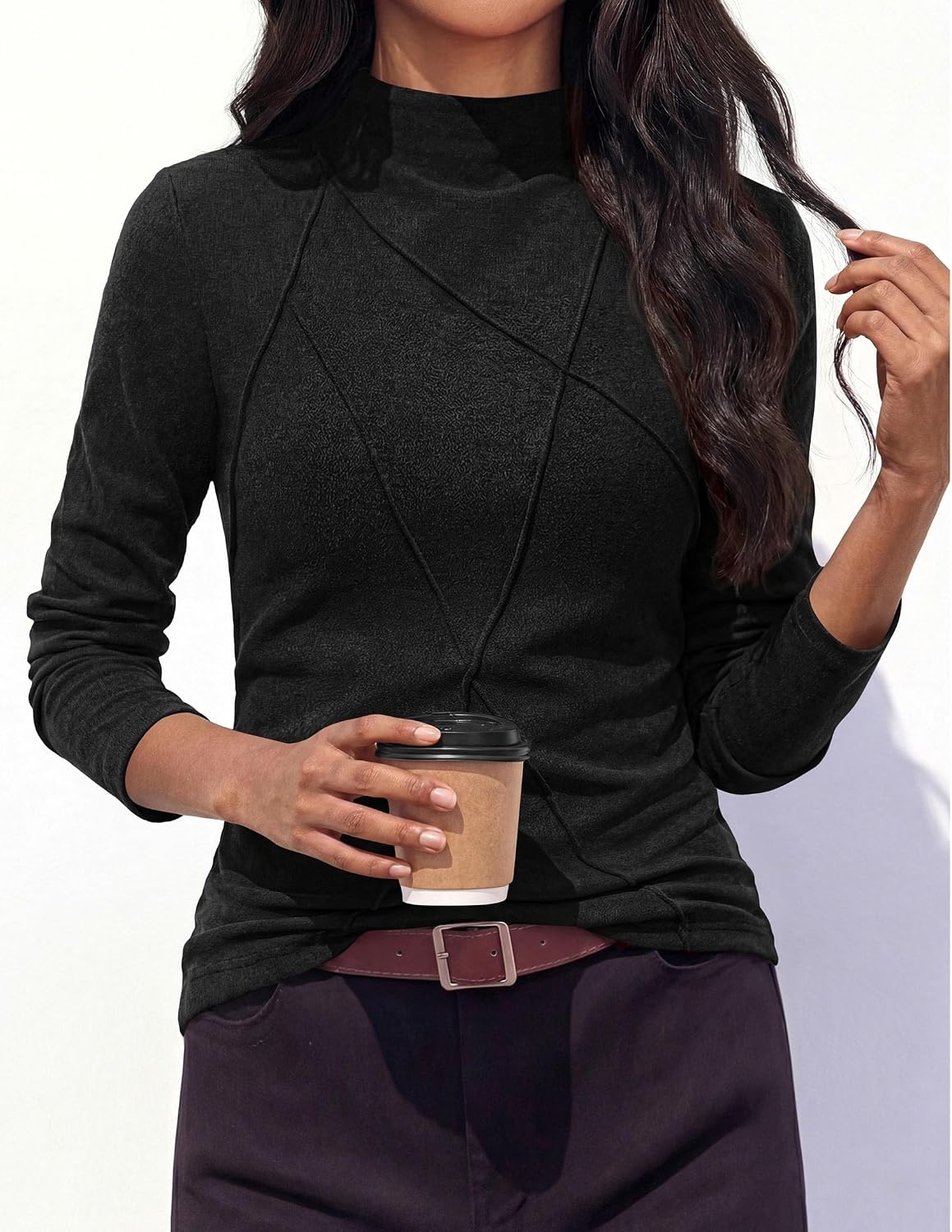 image:imagePRETTYGARDEN Womens Fall Mock Neck Long Sleeve Shirts Soft Stretchy KnitGeometric Seam StitchingSlim Fitted Basic TeesThermal Casual WearDaily Work Layering Winter Tunic TopBlack