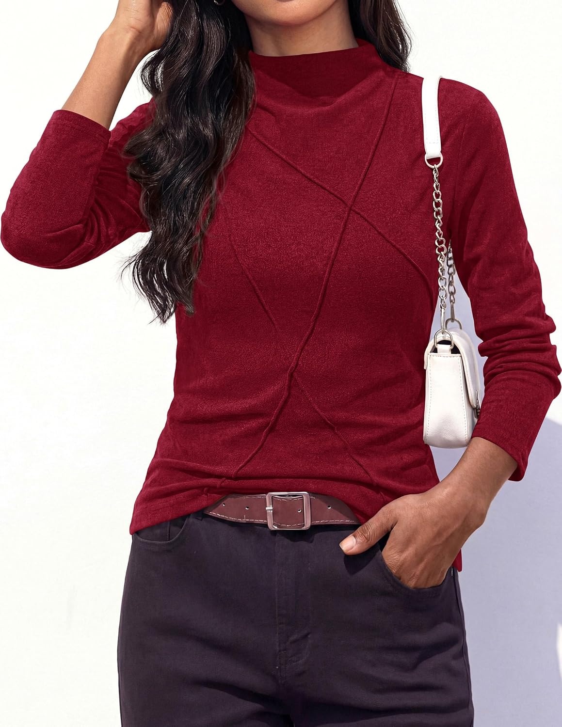 image:imagePRETTYGARDEN Womens Fall Mock Neck Long Sleeve Shirts Soft Stretchy KnitGeometric Seam StitchingSlim Fitted Basic TeesThermal Casual WearDaily Work Layering Winter Tunic TopWine Red