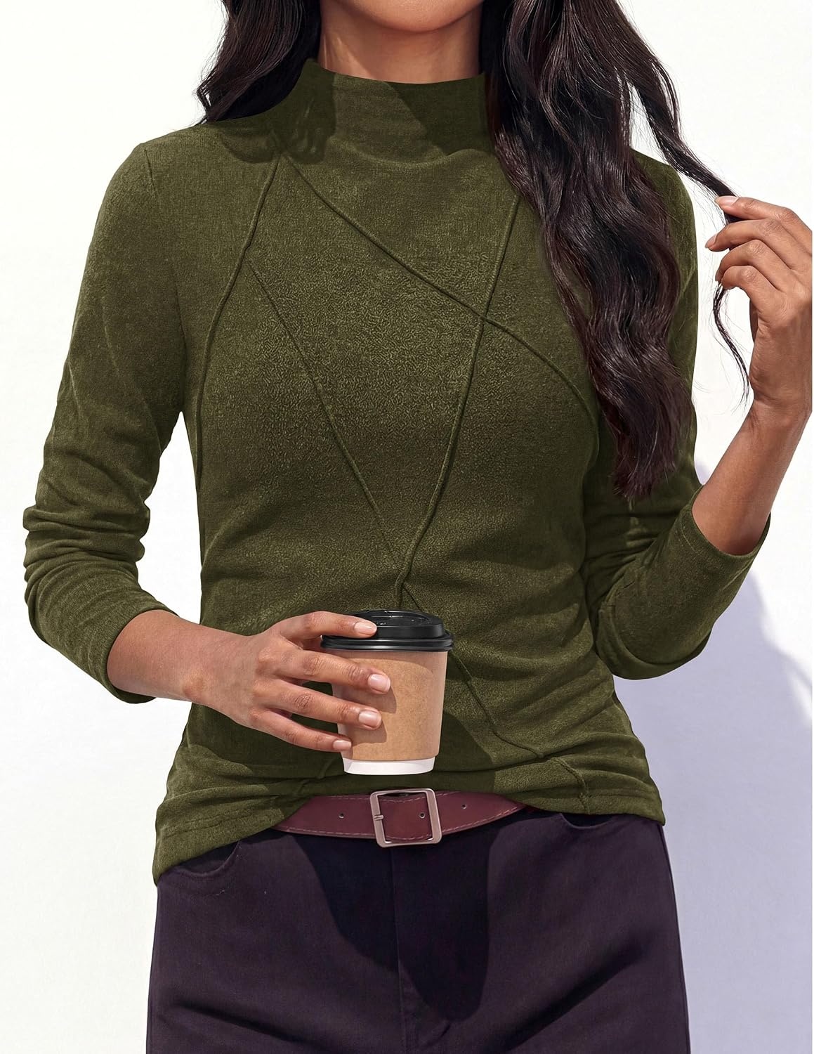 image:imagePRETTYGARDEN Womens Fall Mock Neck Long Sleeve Shirts Soft Stretchy KnitGeometric Seam StitchingSlim Fitted Basic TeesThermal Casual WearDaily Work Layering Winter Tunic TopArmy Green
