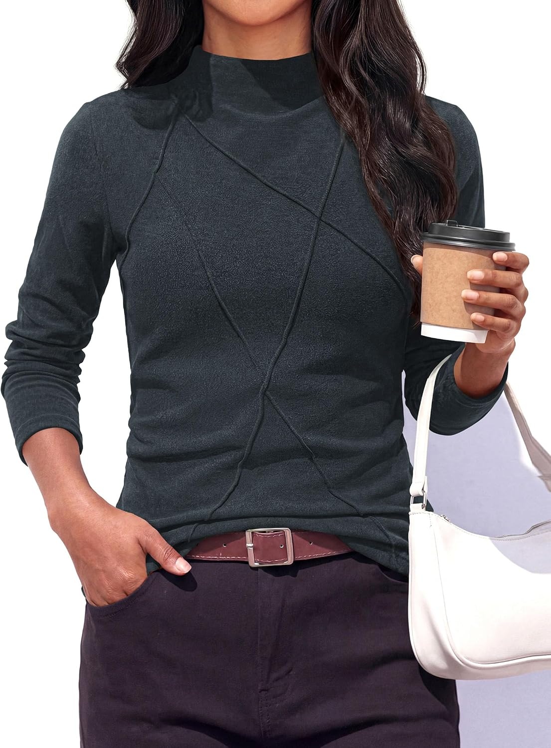 image:imagePRETTYGARDEN Womens Fall Mock Neck Long Sleeve Shirts Soft Stretchy KnitGeometric Seam StitchingSlim Fitted Basic TeesThermal Casual WearDaily Work Layering Winter Tunic TopDark Grey