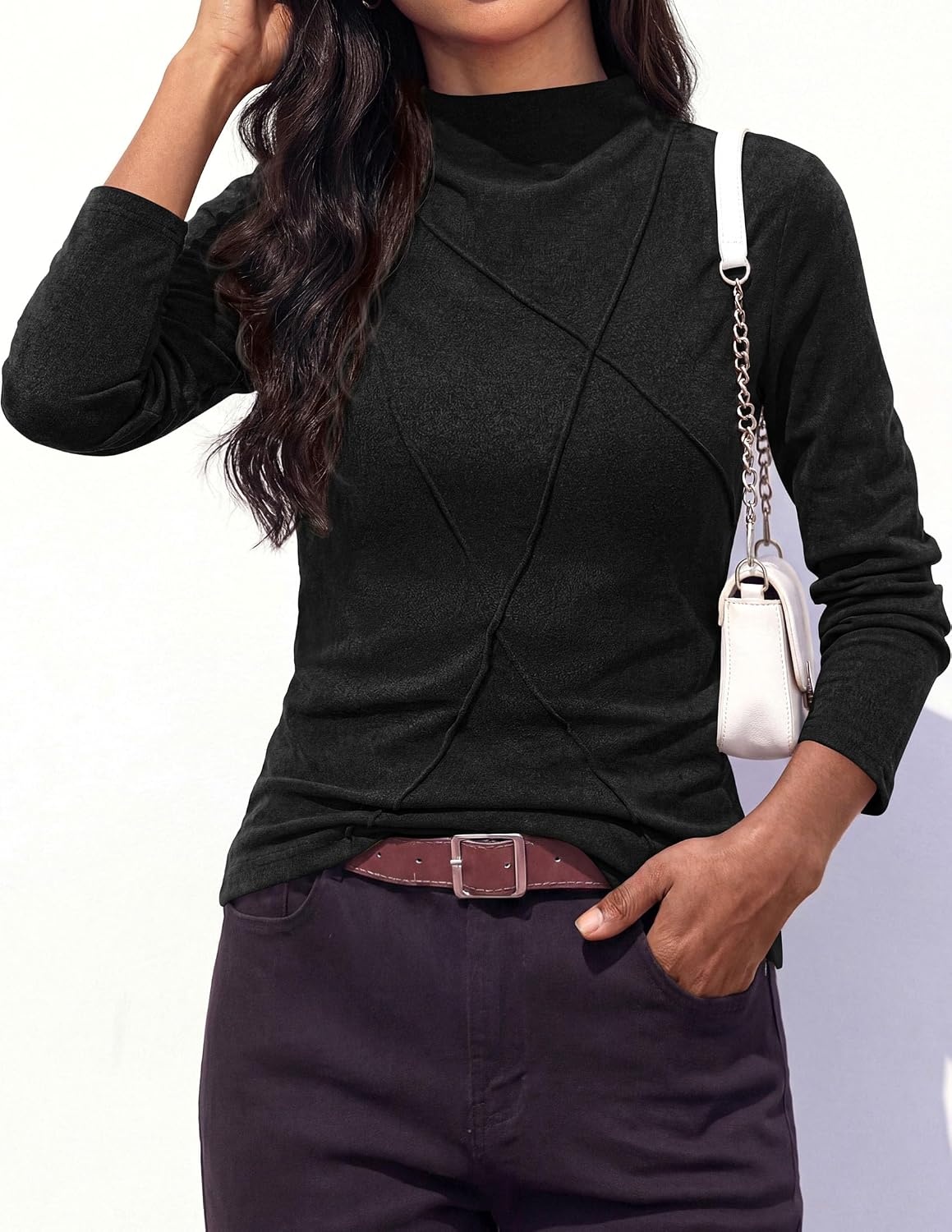 image:imagePRETTYGARDEN Womens Fall Mock Neck Long Sleeve Shirts Soft Stretchy KnitGeometric Seam StitchingSlim Fitted Basic TeesThermal Casual WearDaily Work Layering Winter Tunic TopBlack