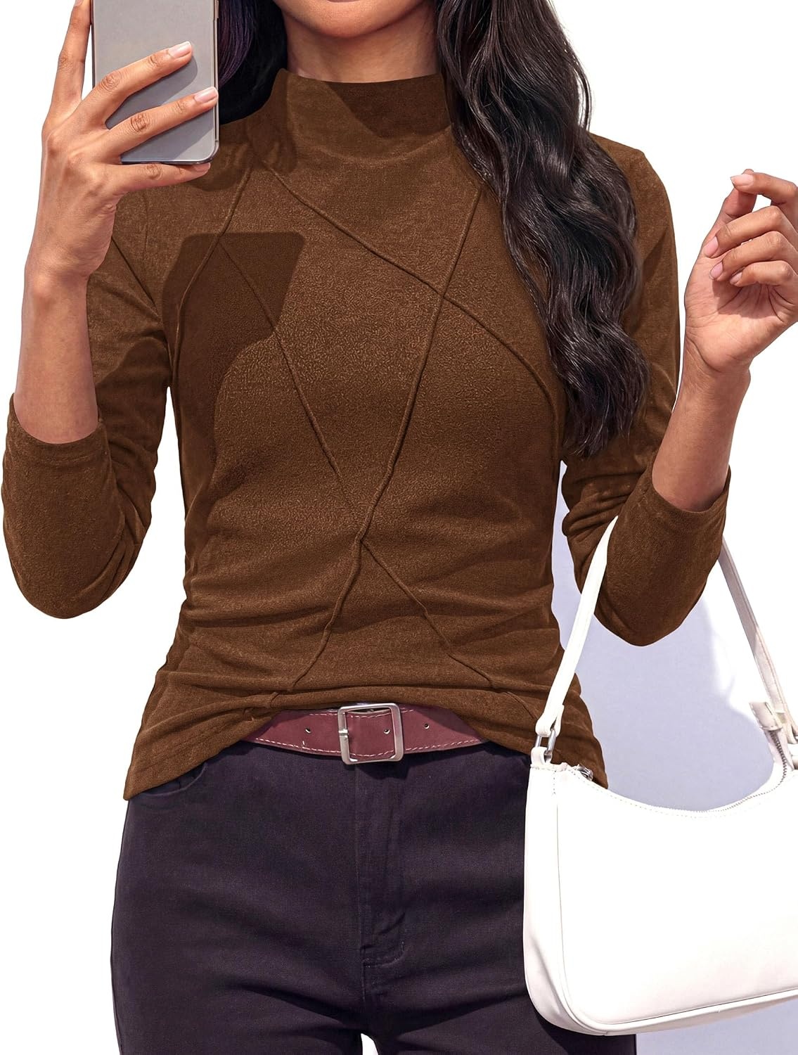image:imagePRETTYGARDEN Womens Fall Mock Neck Long Sleeve Shirts Soft Stretchy KnitGeometric Seam StitchingSlim Fitted Basic TeesThermal Casual WearDaily Work Layering Winter Tunic TopBrown