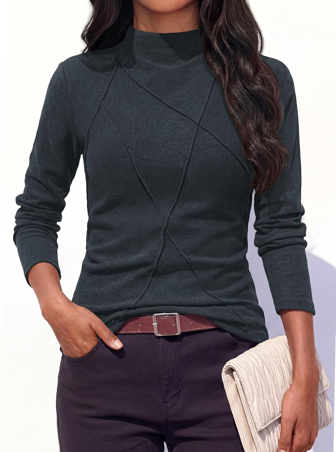 image:imagePRETTYGARDEN Womens Fall Mock Neck Long Sleeve Shirts Soft Stretchy KnitGeometric Seam StitchingSlim Fitted Basic TeesThermal Casual WearDaily Work Layering Winter Tunic TopDark Grey