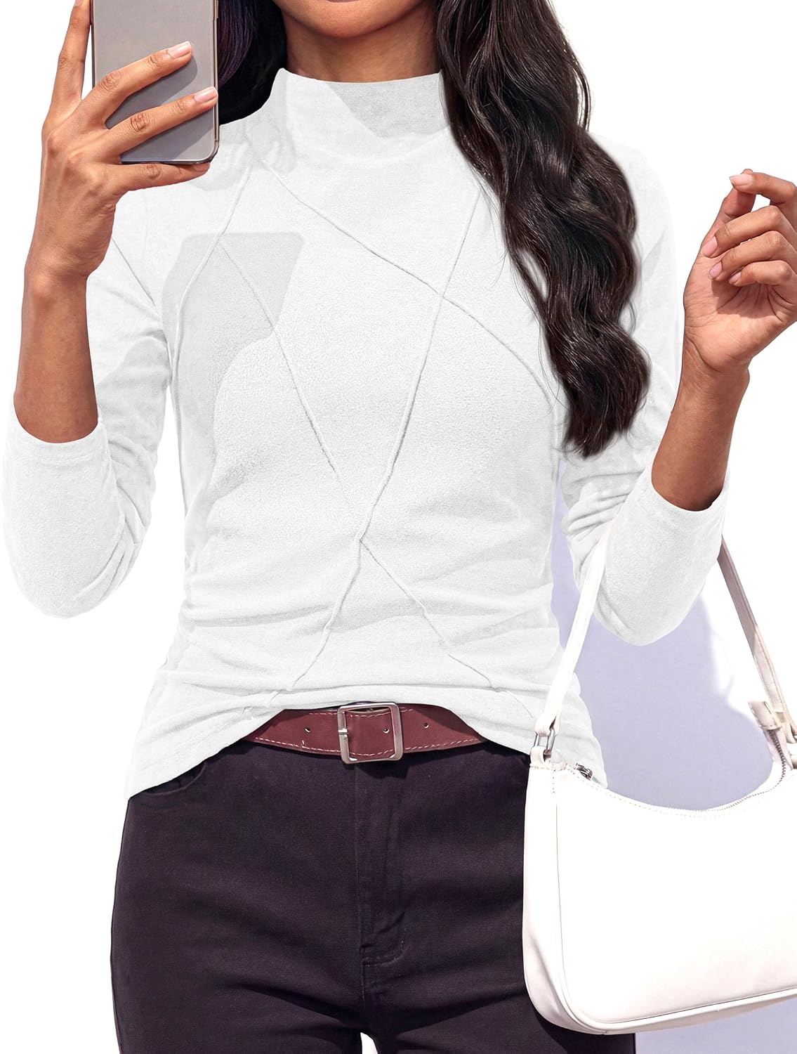 image:imagePRETTYGARDEN Womens Fall Mock Neck Long Sleeve Shirts Soft Stretchy KnitGeometric Seam StitchingSlim Fitted Basic TeesThermal Casual WearDaily Work Layering Winter Tunic TopWhite