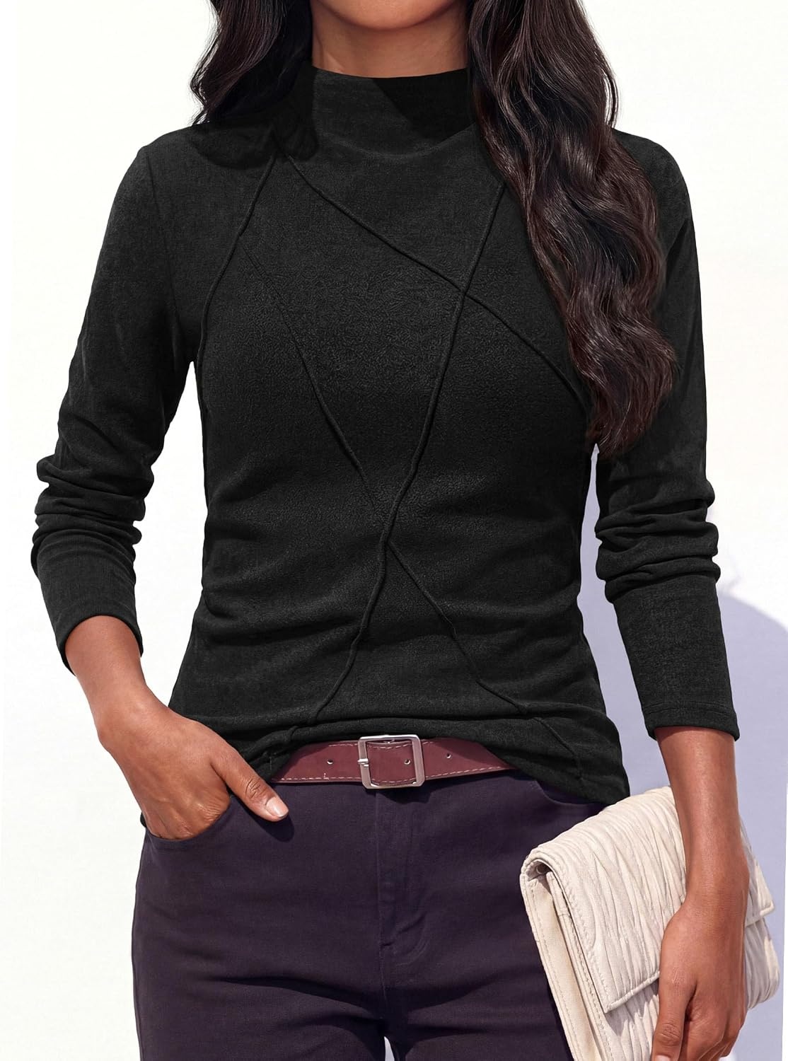 image:imagePRETTYGARDEN Womens Fall Mock Neck Long Sleeve Shirts Soft Stretchy KnitGeometric Seam StitchingSlim Fitted Basic TeesThermal Casual WearDaily Work Layering Winter Tunic TopBlack