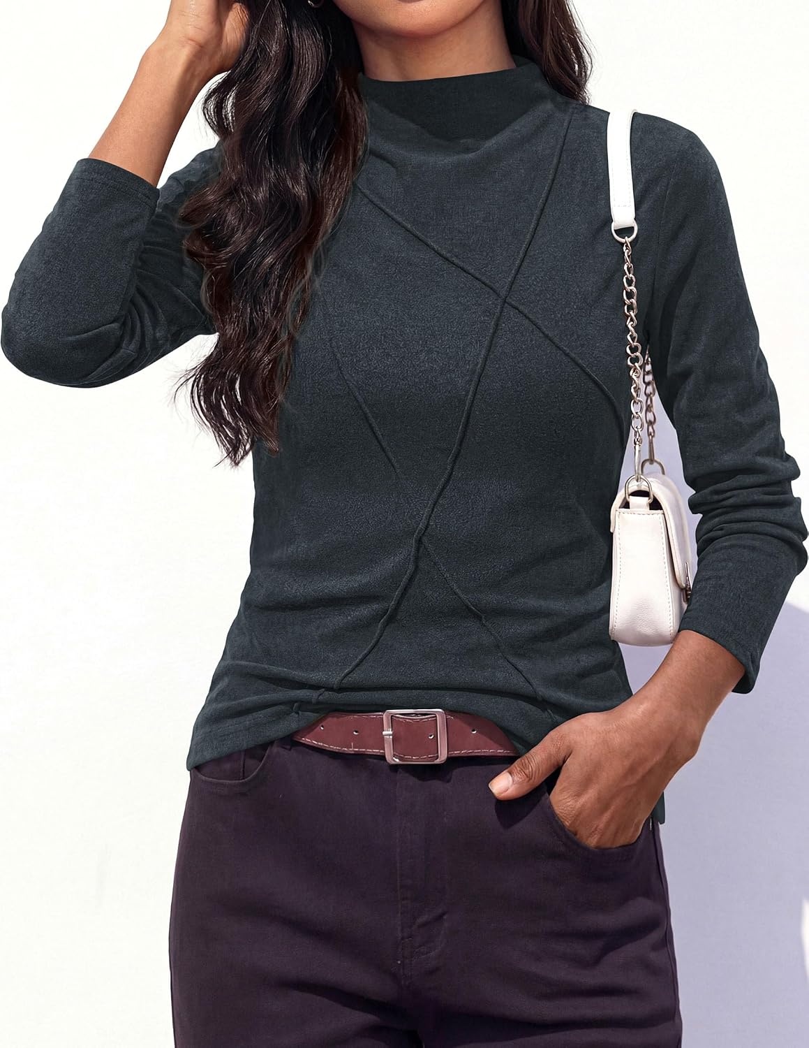 image:imagePRETTYGARDEN Womens Fall Mock Neck Long Sleeve Shirts Soft Stretchy KnitGeometric Seam StitchingSlim Fitted Basic TeesThermal Casual WearDaily Work Layering Winter Tunic TopDark Grey