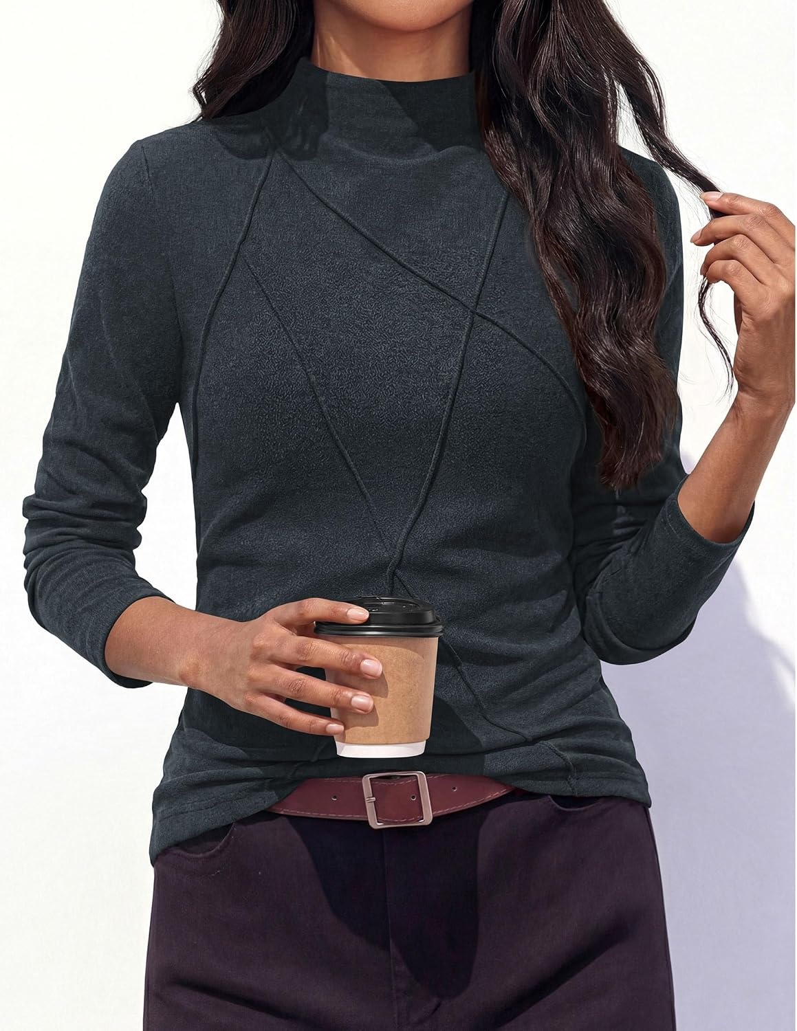 image:imagePRETTYGARDEN Womens Fall Mock Neck Long Sleeve Shirts Soft Stretchy KnitGeometric Seam StitchingSlim Fitted Basic TeesThermal Casual WearDaily Work Layering Winter Tunic TopDark Grey