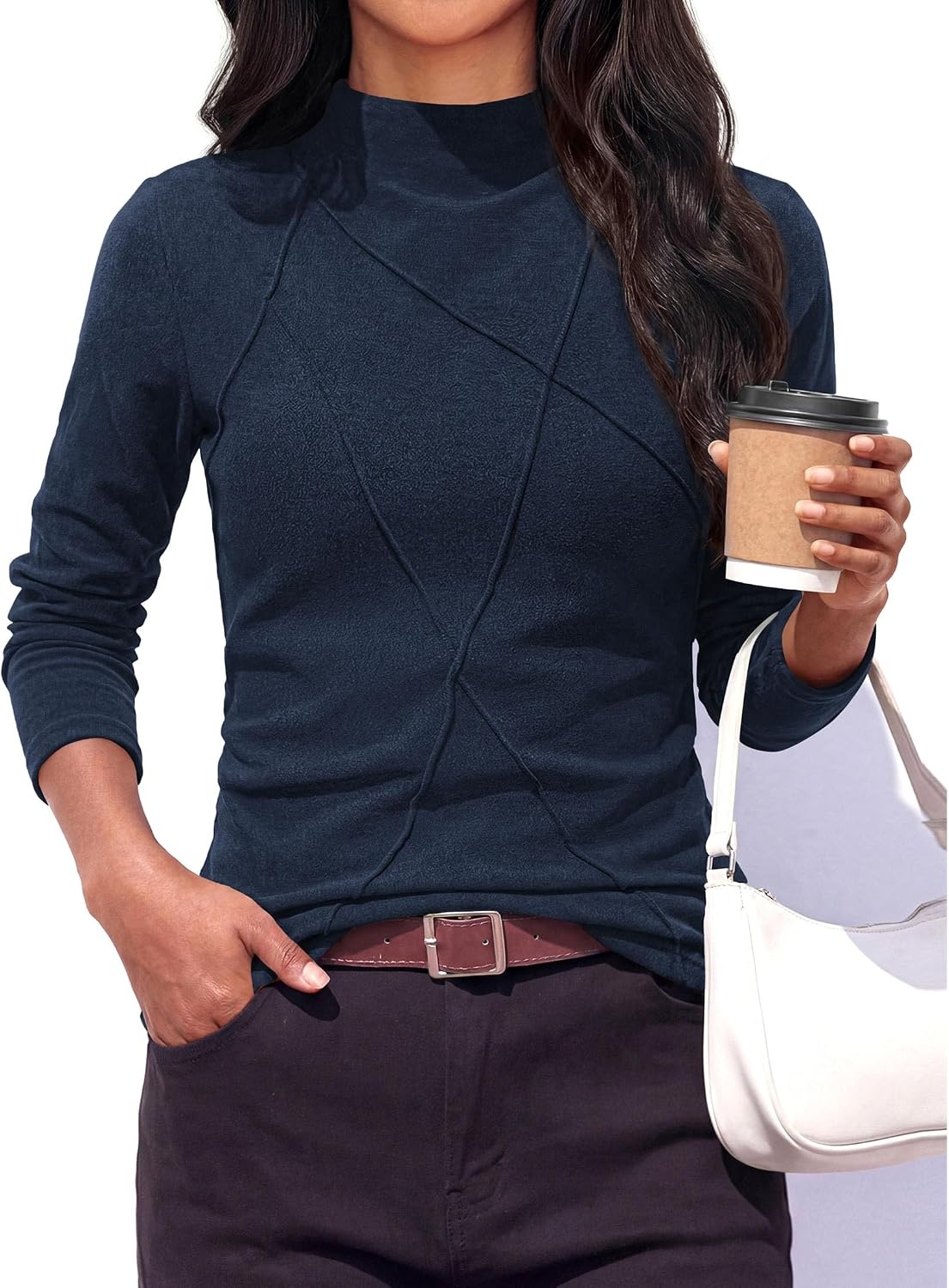 image:imagePRETTYGARDEN Womens Fall Mock Neck Long Sleeve Shirts Soft Stretchy KnitGeometric Seam StitchingSlim Fitted Basic TeesThermal Casual WearDaily Work Layering Winter Tunic TopNavy Blue