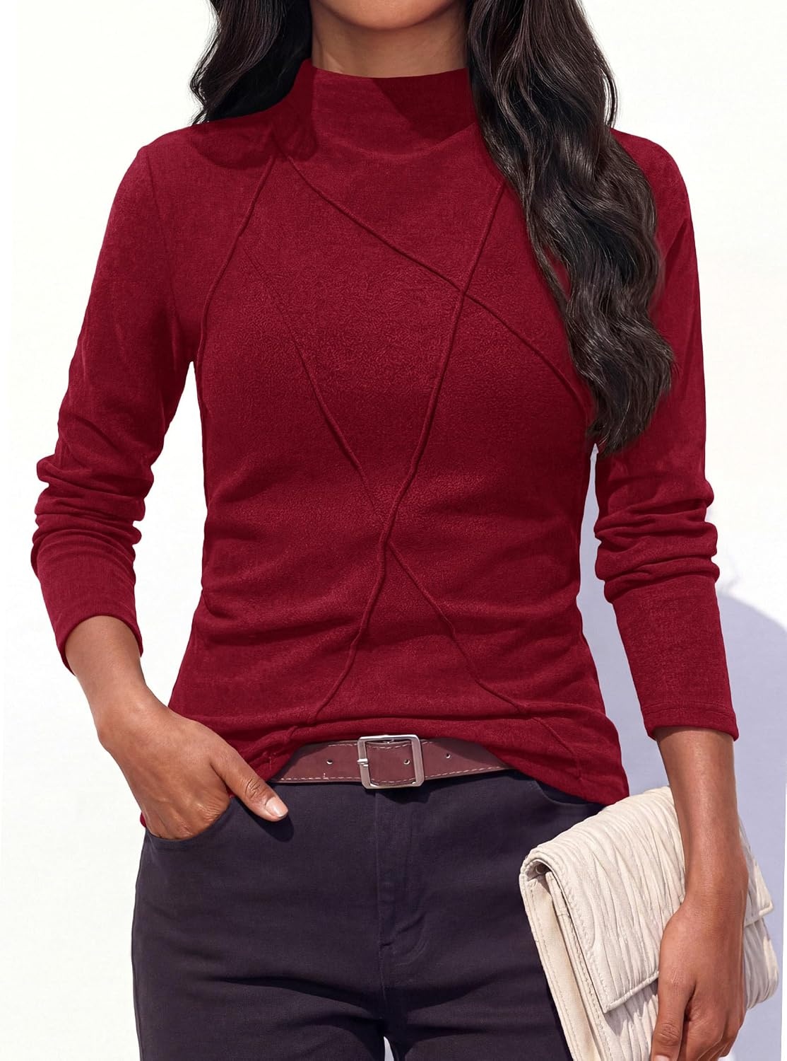image:imagePRETTYGARDEN Womens Fall Mock Neck Long Sleeve Shirts Soft Stretchy KnitGeometric Seam StitchingSlim Fitted Basic TeesThermal Casual WearDaily Work Layering Winter Tunic TopWine Red