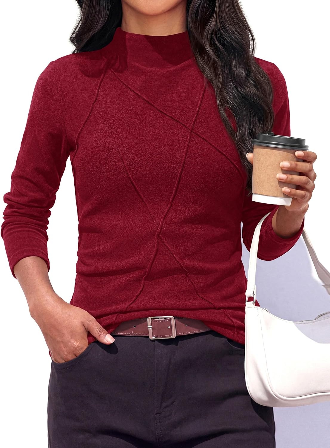 image:imagePRETTYGARDEN Womens Fall Mock Neck Long Sleeve Shirts Soft Stretchy KnitGeometric Seam StitchingSlim Fitted Basic TeesThermal Casual WearDaily Work Layering Winter Tunic TopWine Red