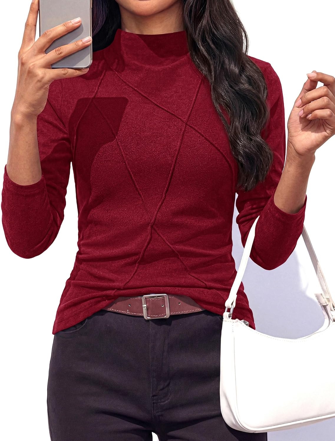 image:imagePRETTYGARDEN Womens Fall Mock Neck Long Sleeve Shirts Soft Stretchy KnitGeometric Seam StitchingSlim Fitted Basic TeesThermal Casual WearDaily Work Layering Winter Tunic TopWine Red