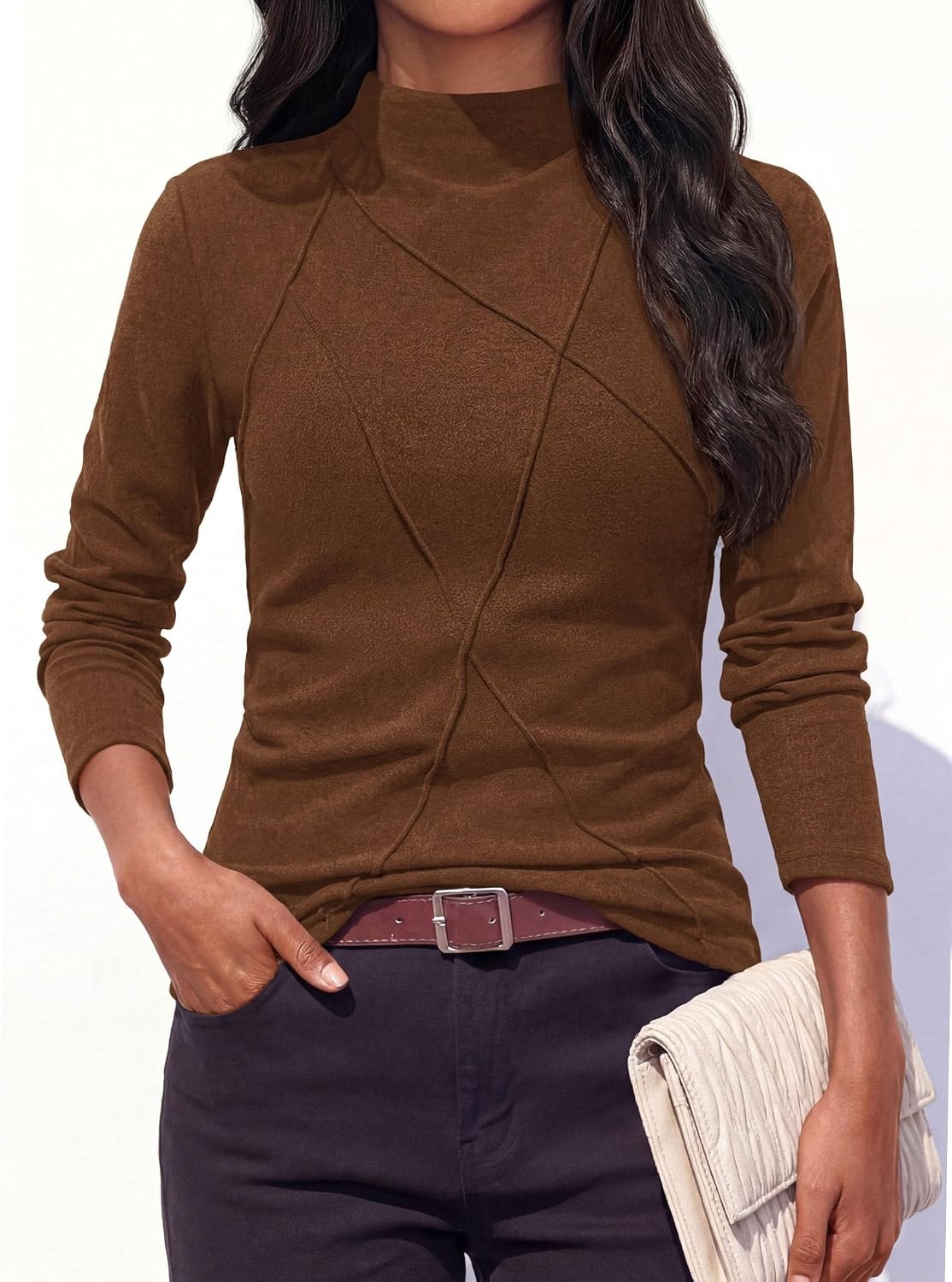 image:imagePRETTYGARDEN Womens Fall Mock Neck Long Sleeve Shirts Soft Stretchy KnitGeometric Seam StitchingSlim Fitted Basic TeesThermal Casual WearDaily Work Layering Winter Tunic TopBrown