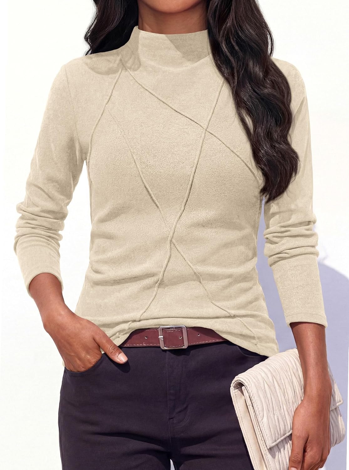 image:imagePRETTYGARDEN Womens Fall Mock Neck Long Sleeve Shirts Soft Stretchy KnitGeometric Seam StitchingSlim Fitted Basic TeesThermal Casual WearDaily Work Layering Winter Tunic TopBeige
