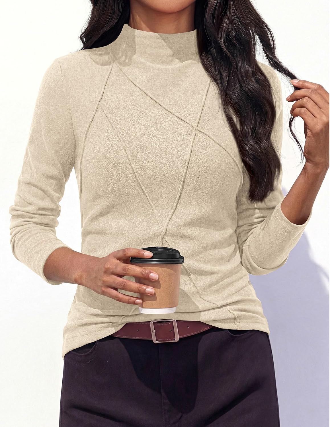 image:imagePRETTYGARDEN Womens Fall Mock Neck Long Sleeve Shirts Soft Stretchy KnitGeometric Seam StitchingSlim Fitted Basic TeesThermal Casual WearDaily Work Layering Winter Tunic TopBeige