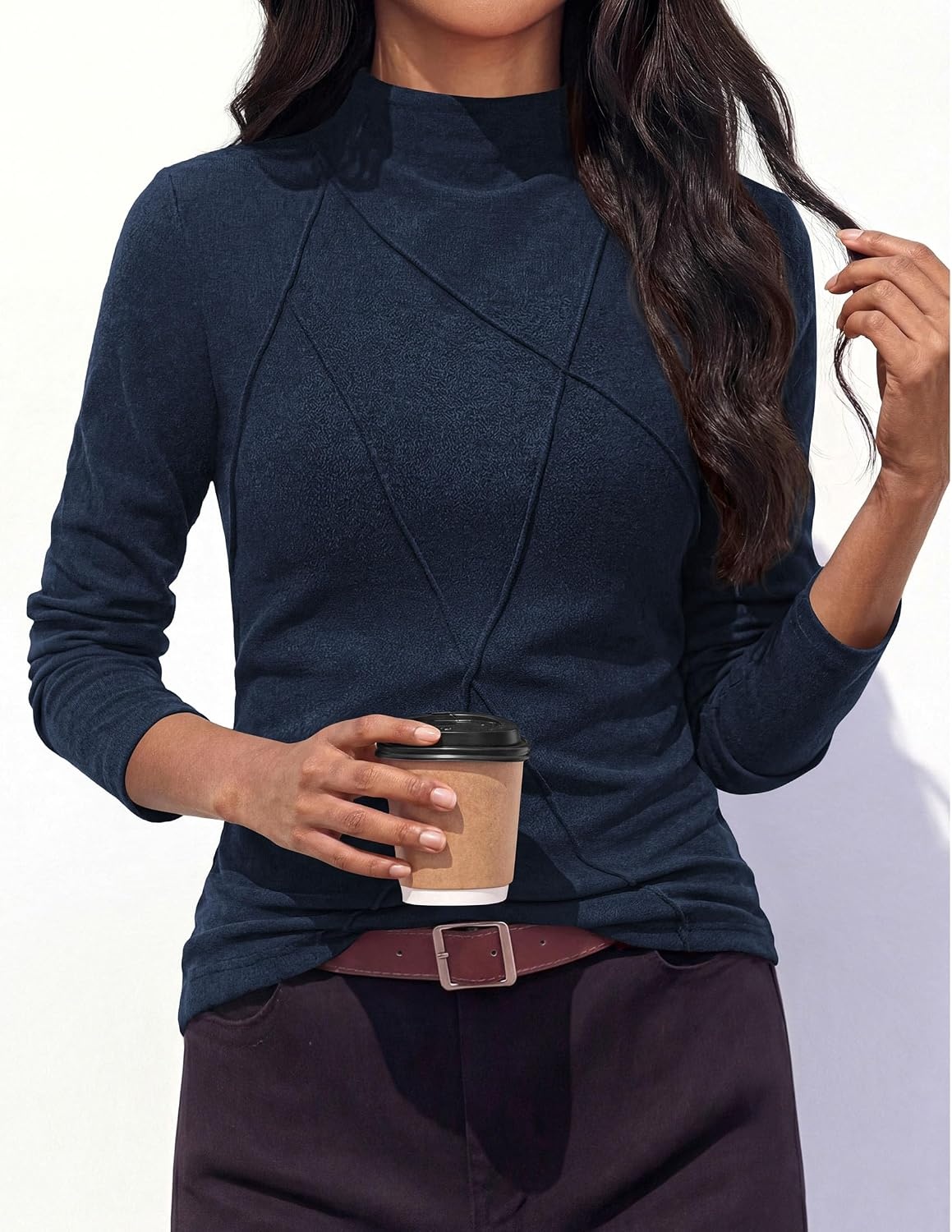 image:imagePRETTYGARDEN Womens Fall Mock Neck Long Sleeve Shirts Soft Stretchy KnitGeometric Seam StitchingSlim Fitted Basic TeesThermal Casual WearDaily Work Layering Winter Tunic TopNavy Blue