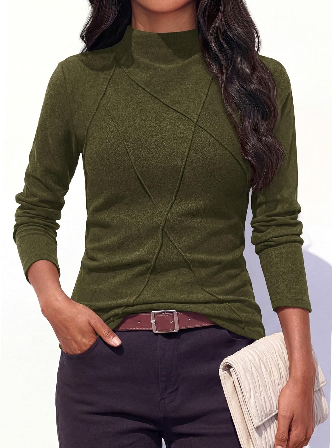 image:imagePRETTYGARDEN Womens Fall Mock Neck Long Sleeve Shirts Soft Stretchy KnitGeometric Seam StitchingSlim Fitted Basic TeesThermal Casual WearDaily Work Layering Winter Tunic TopArmy Green