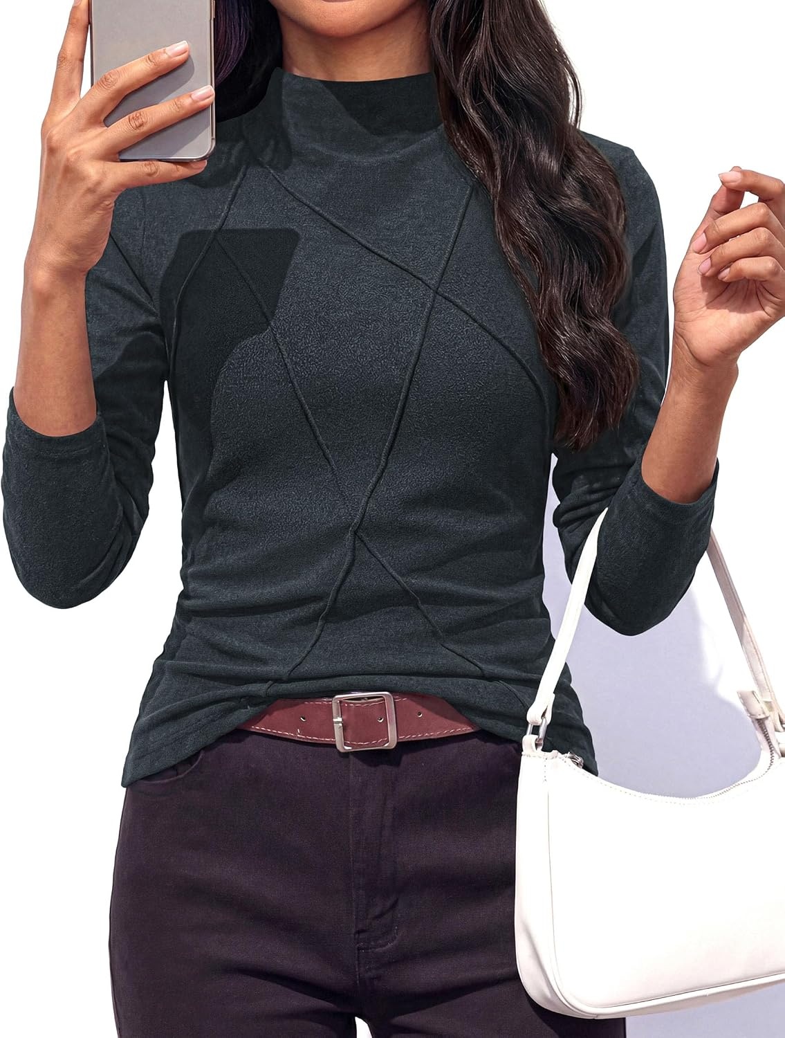image:imagePRETTYGARDEN Womens Fall Mock Neck Long Sleeve Shirts Soft Stretchy KnitGeometric Seam StitchingSlim Fitted Basic TeesThermal Casual WearDaily Work Layering Winter Tunic TopDark Grey